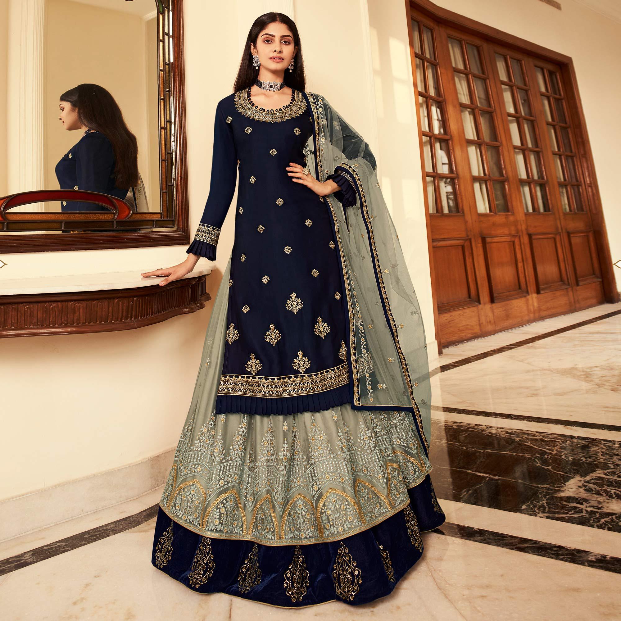 Peachmode Grey Partywear Embroidered Net Lehenga Choli