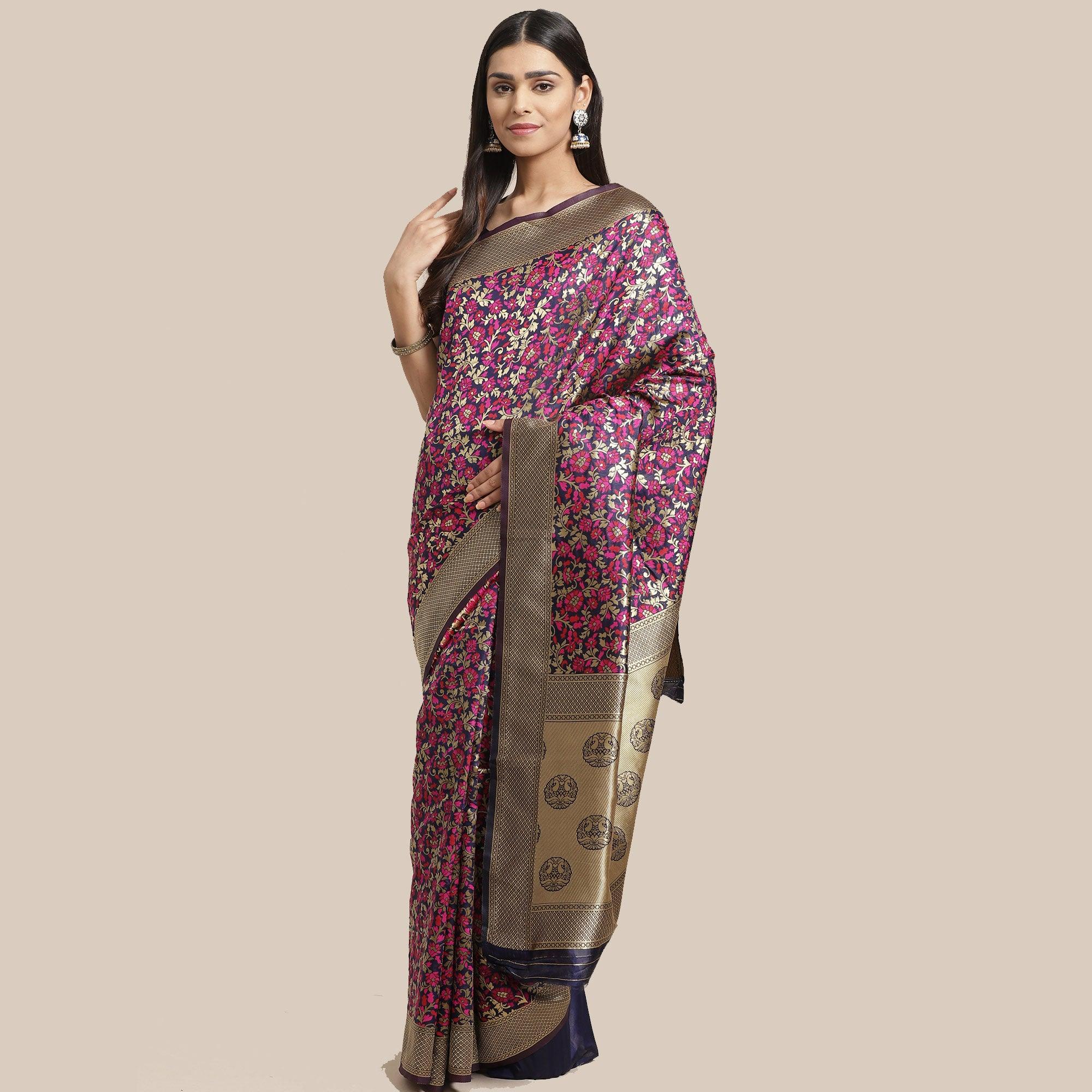 Peachmode Captivating Navy Blue Colored Festive Wear Woven Silk Blend Saree