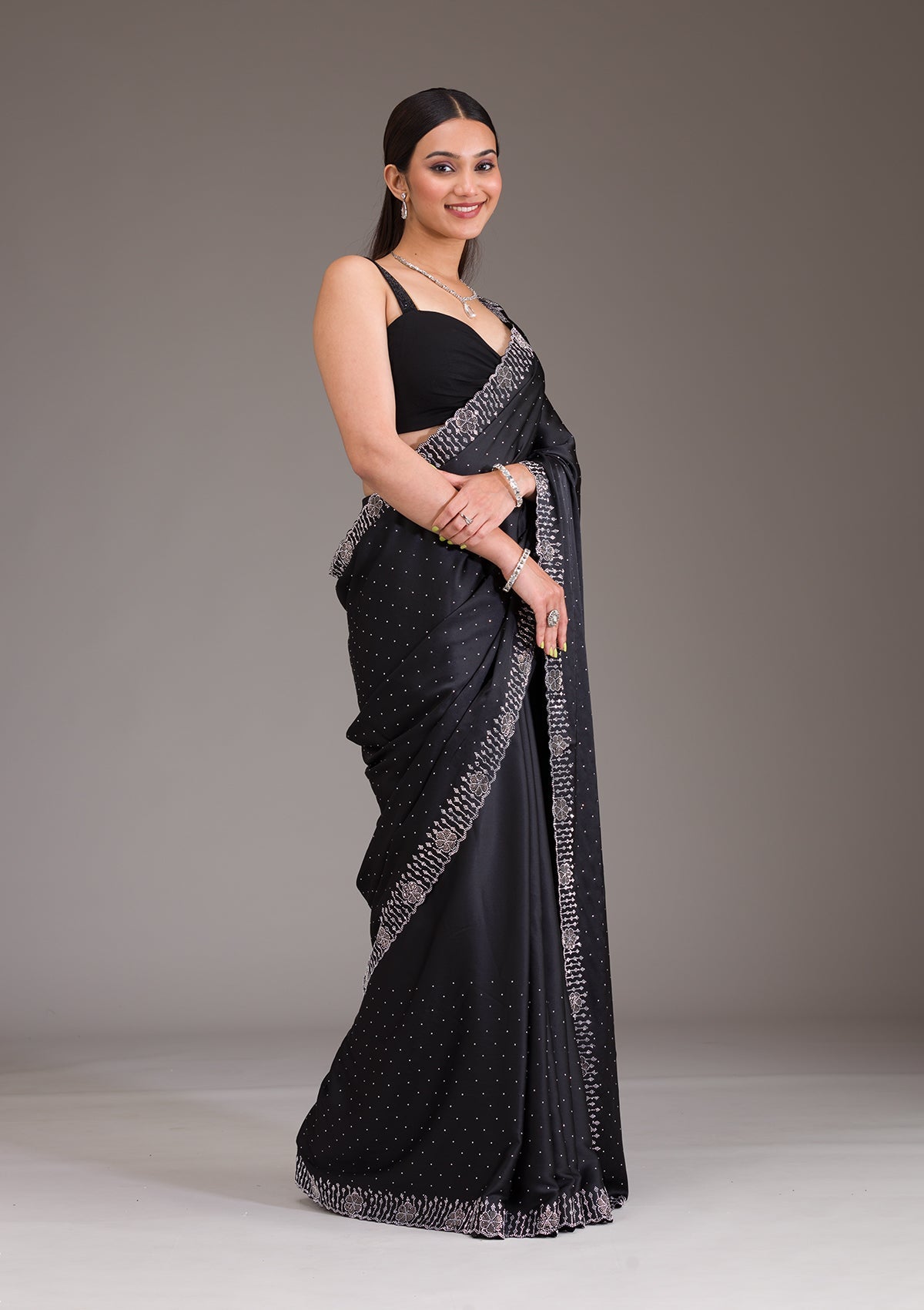 Koskii Black Swarovski Satin Saree – Women's - view 6