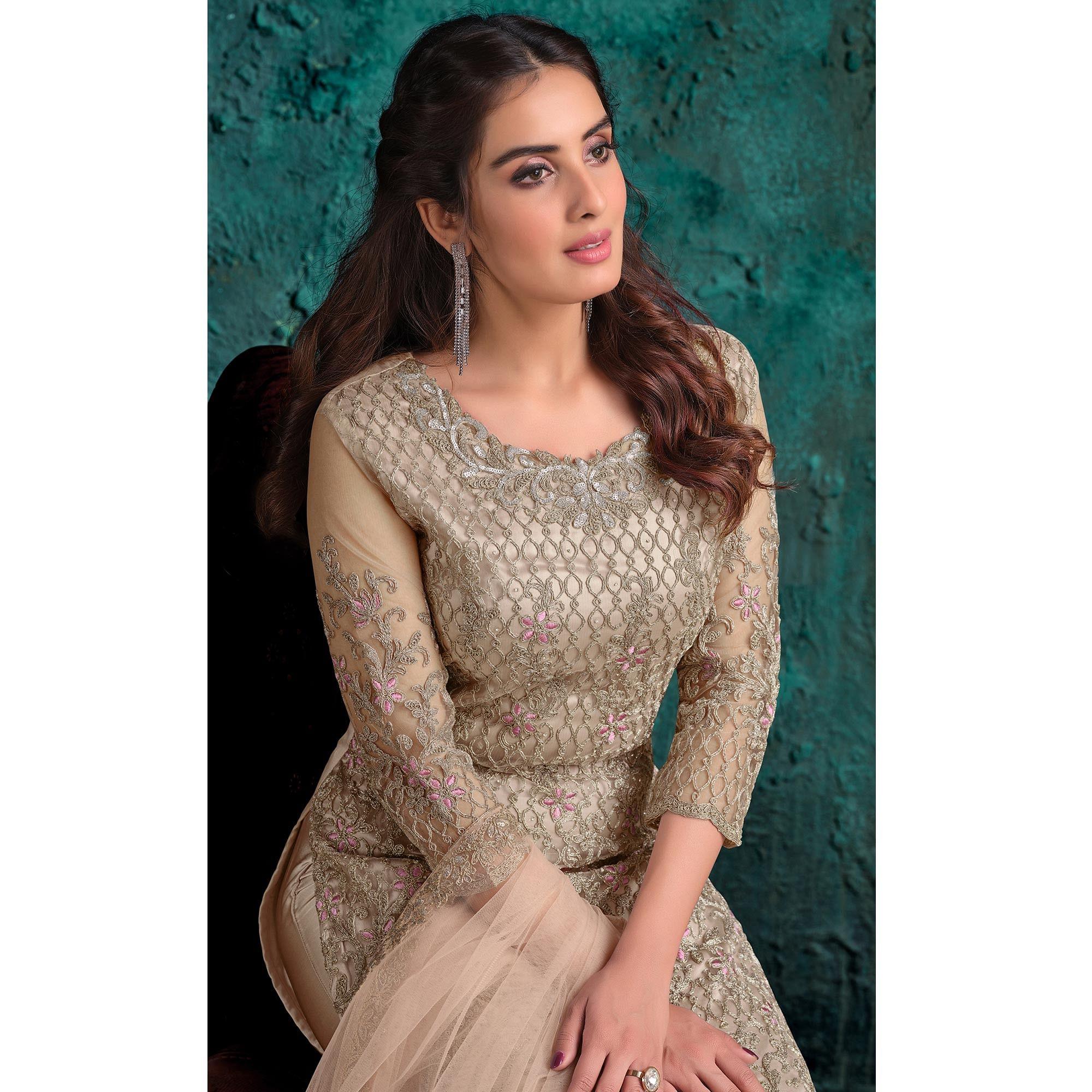 Peachmode Cream Floral Embroidered Work Net Pakistani Suit - view 4