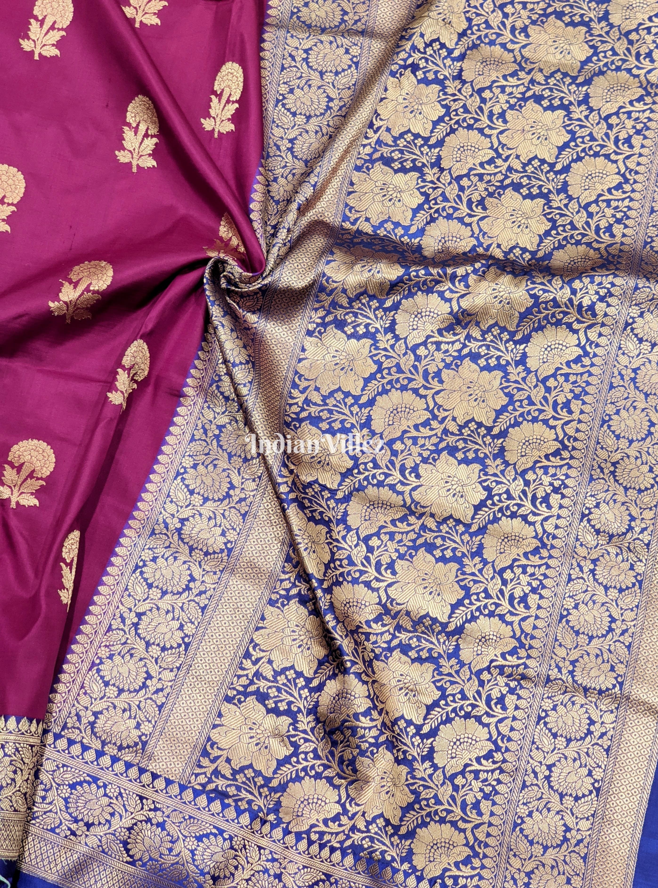 IndianVillèz Maroon Blue with Flower Motif Banarasi Katan Silk Saree - view 3
