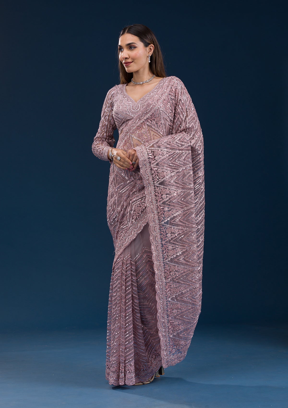 Koskii Onion Pink Sequins Net Saree – Women's - view 3