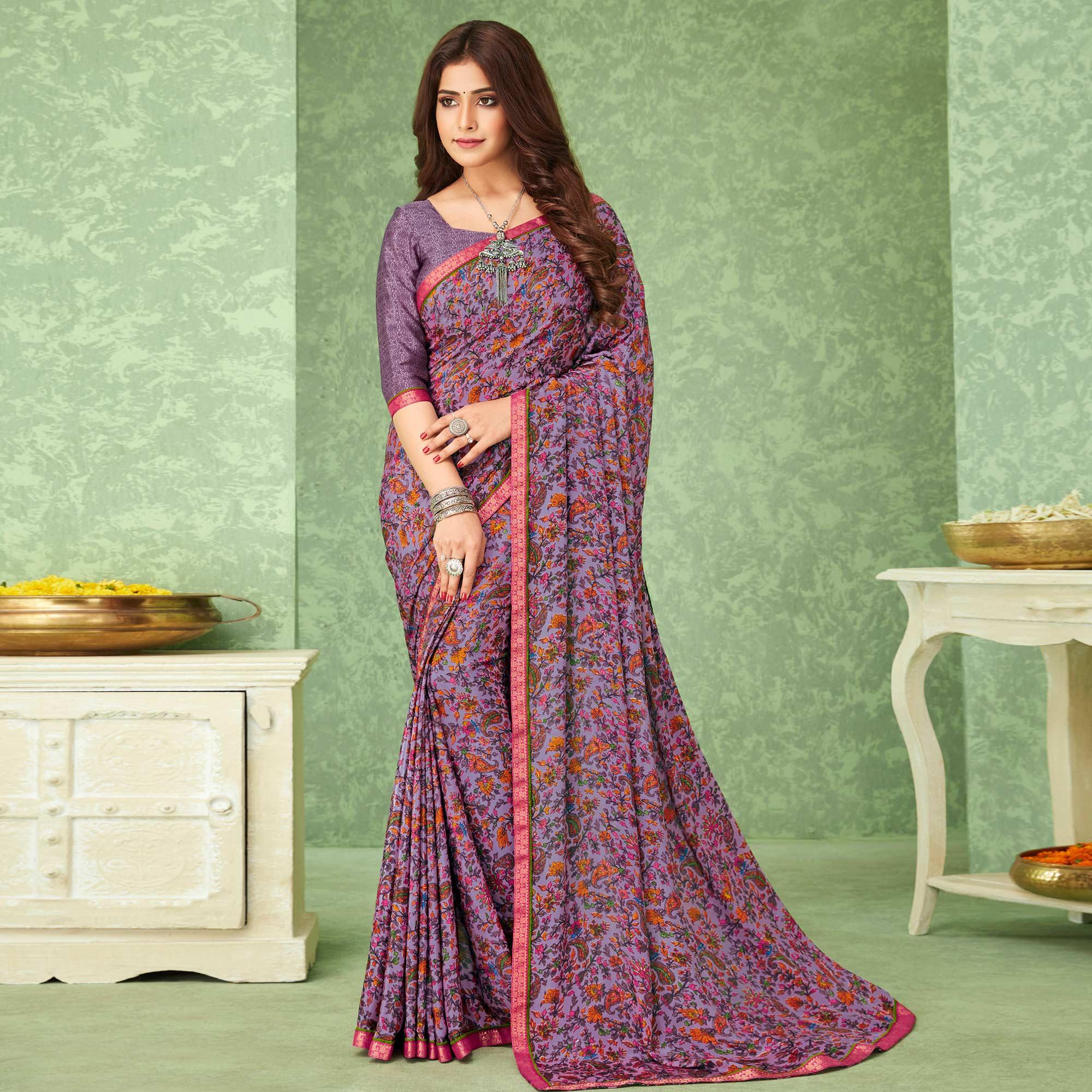 Peachmode Lavender Casual Wear Floral Printed Crepe Saree With Banarasi Border