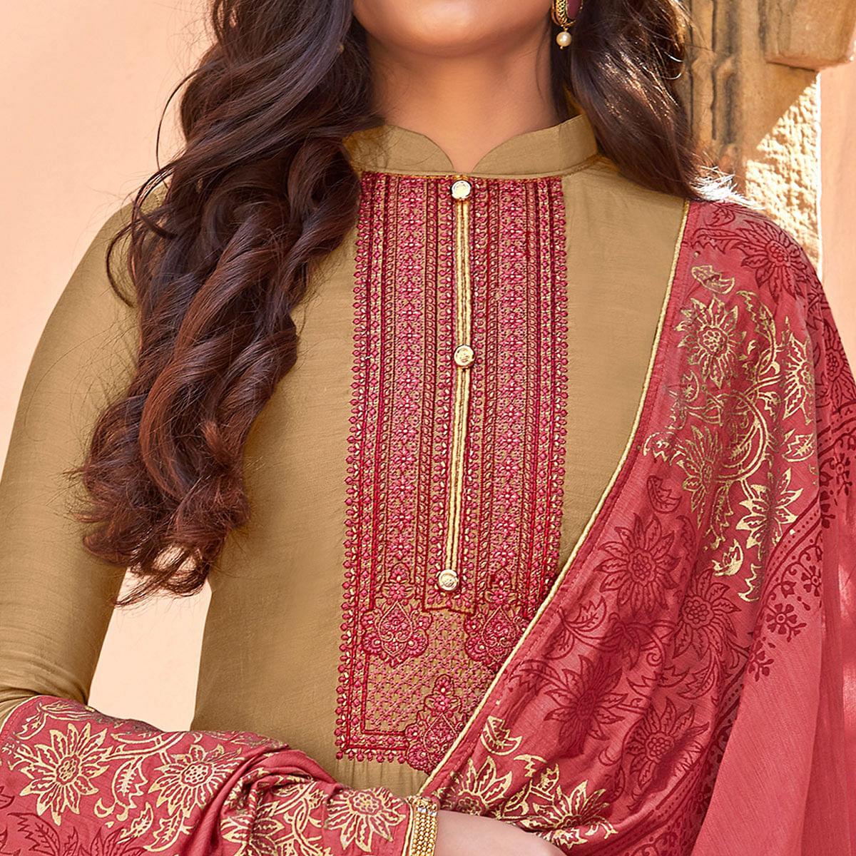 Peachmode Brown Festive Wear Embroidered Viscose Cotton Silk Salwar Suit - view 2