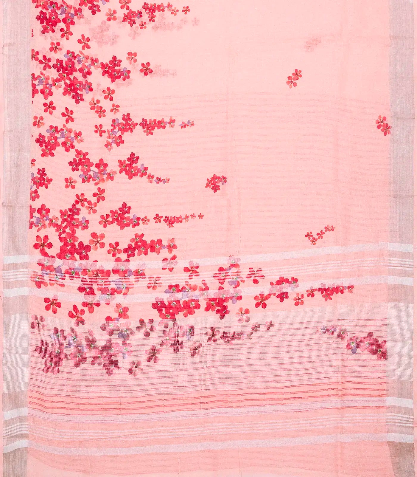 RmKV Bubblegum Pink Handloom Linen Saree With Printed Red Floral Motifs - view 2