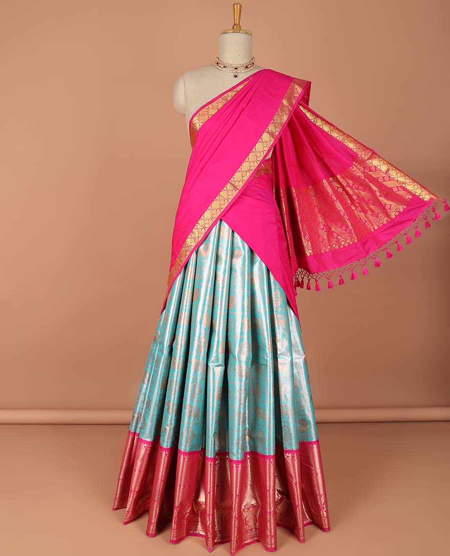 Pothys Blue ikkat floral, animal design art-silk half saree, contrast traditional zari border,zari design blouse & floral dhavani