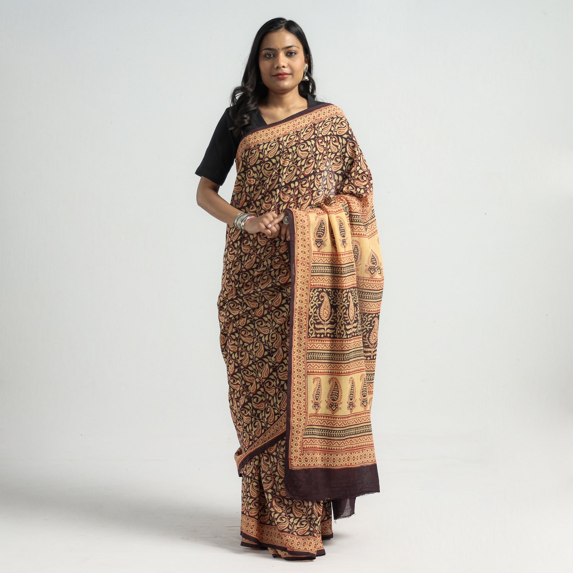 BAGH PRINTS BY YAKOOB KHATRI Brown - Bagh Hand Block Printed Cotton Saree