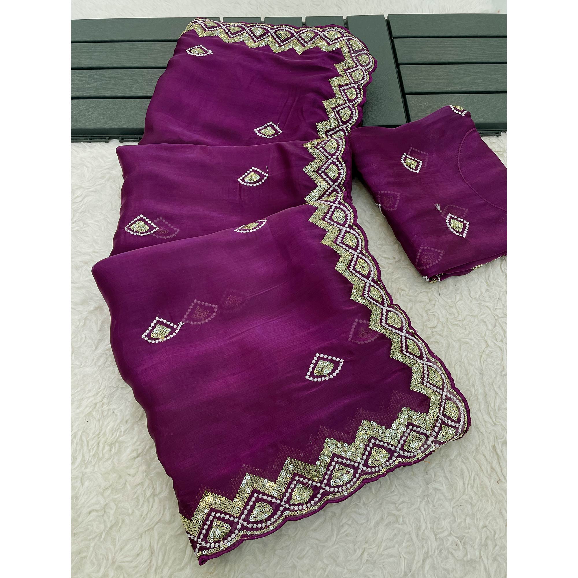 Peachmode Magenta Sequins Embroidered Satin Saree - view 4