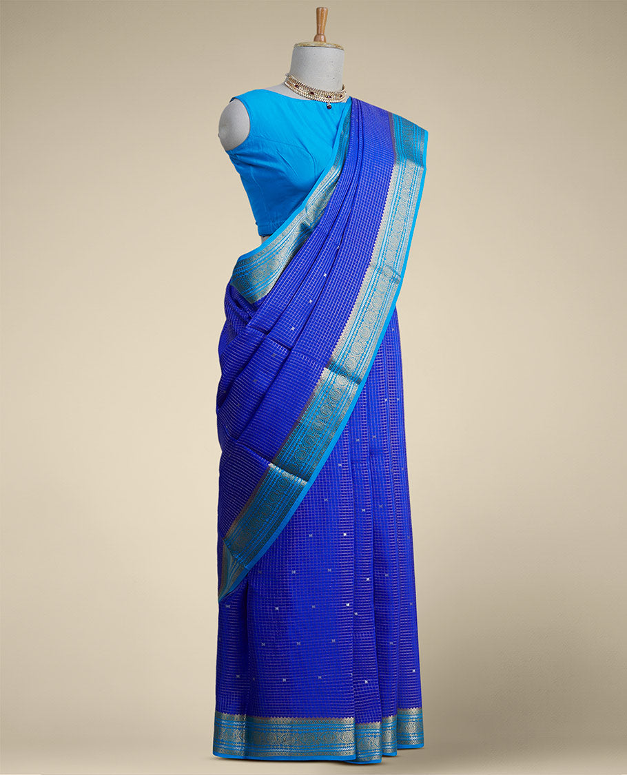 Pothys Blue checked with floral motifs mysore silk saree & traditional zari border - view 2