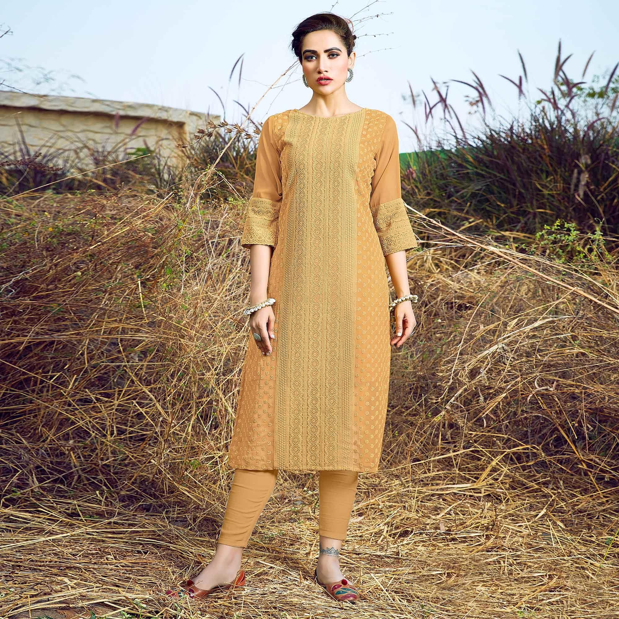 Peachmode Seller Cream Casual Wear Lucknowi Embroidered Georgette Kurti