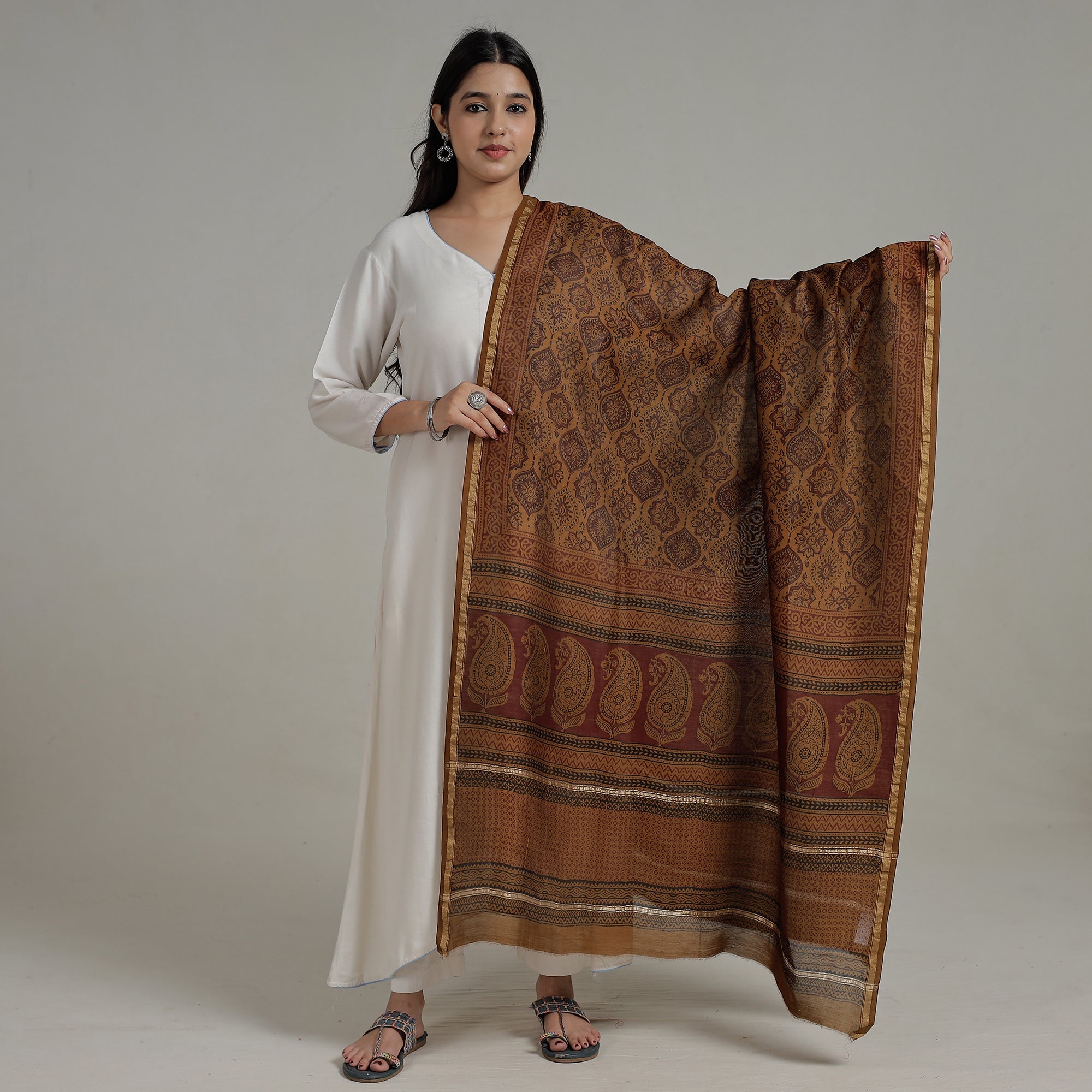 BAGH PRINTS BY MOHAMMED RAFIK KHATRI Brown - Natural Dyed Hand Block Print Chanderi Silk Bagh Dupatta 11 - view 2