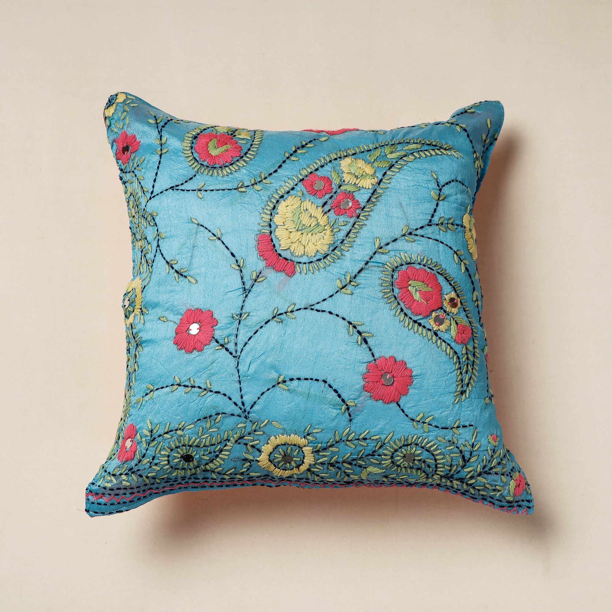 ITOKRI CRAFTS INITIATIVE Blue - Chanderi Silk Phulkari Hand Embroidered Cushion Cover