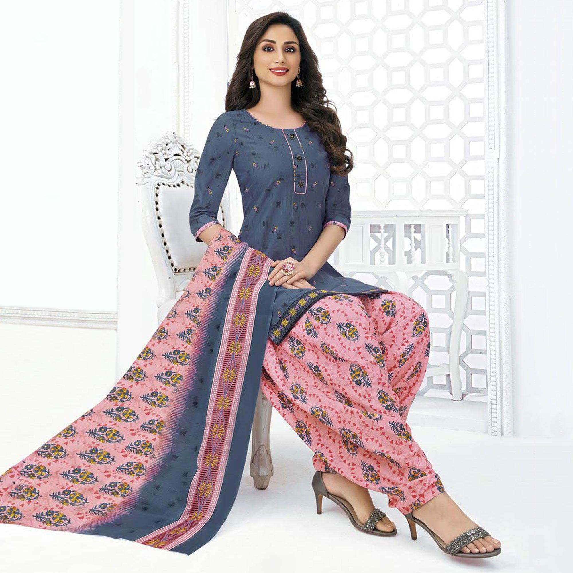 Peachmode Grey Printed Pure Cotton Stitched Patiala Suit