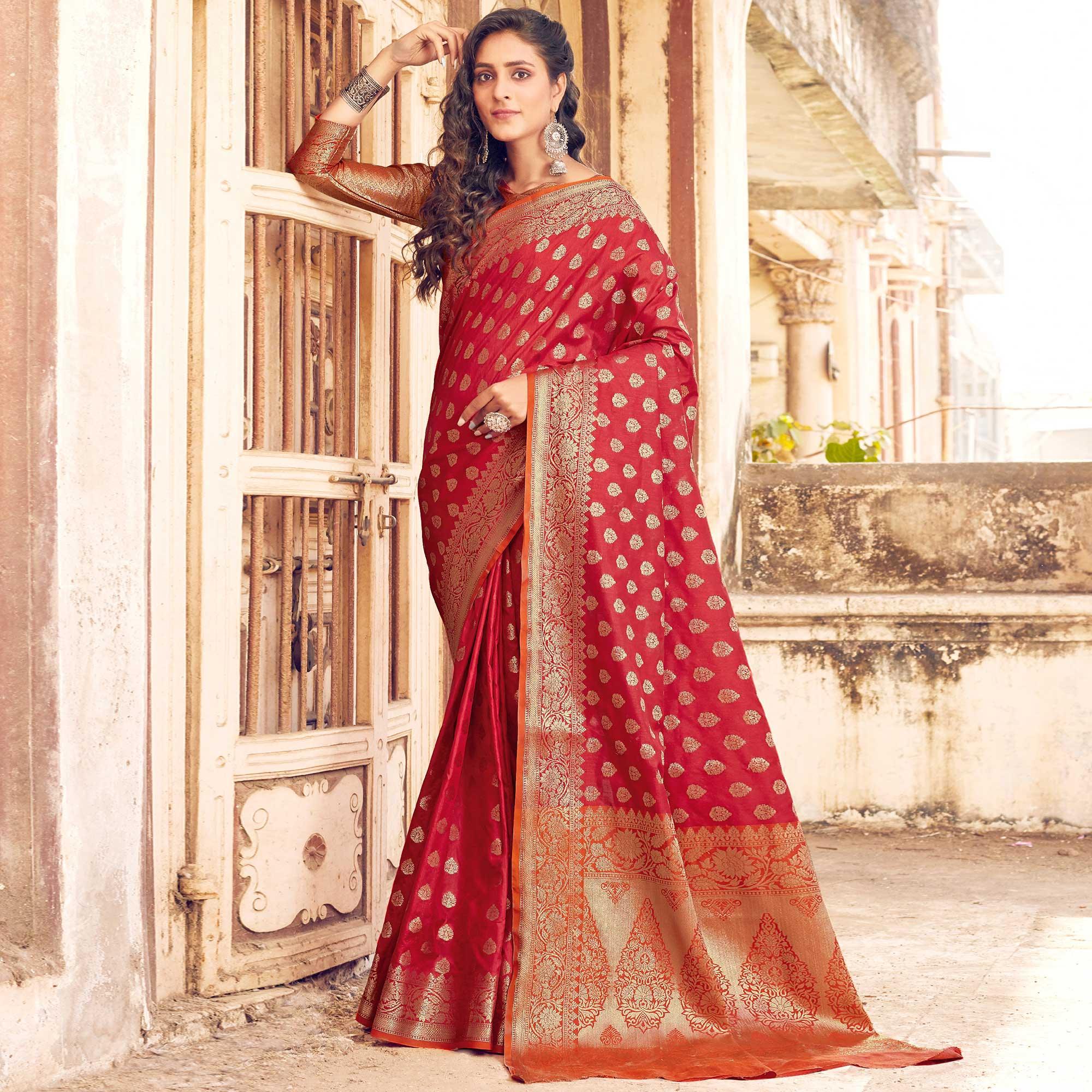Peachmode Engrossing Peach Coloured Designer Partywear Weaving Silk Saree
