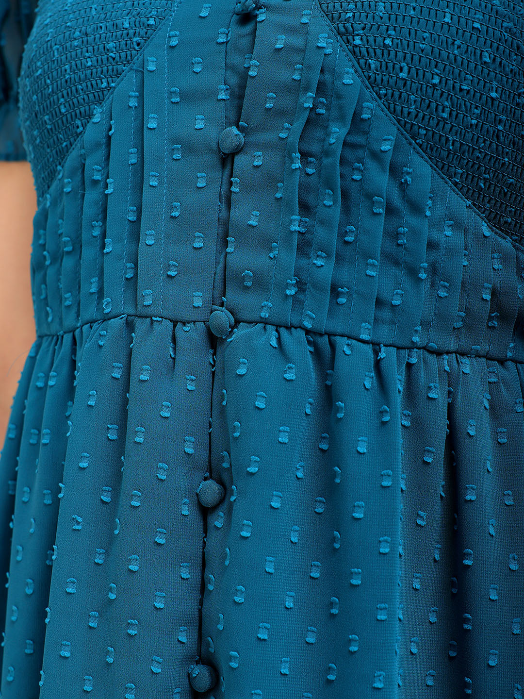 Freehand by The Indian Garage Co Women's Teal Fit and Flare Textured V neck Tiered Dress - view 10