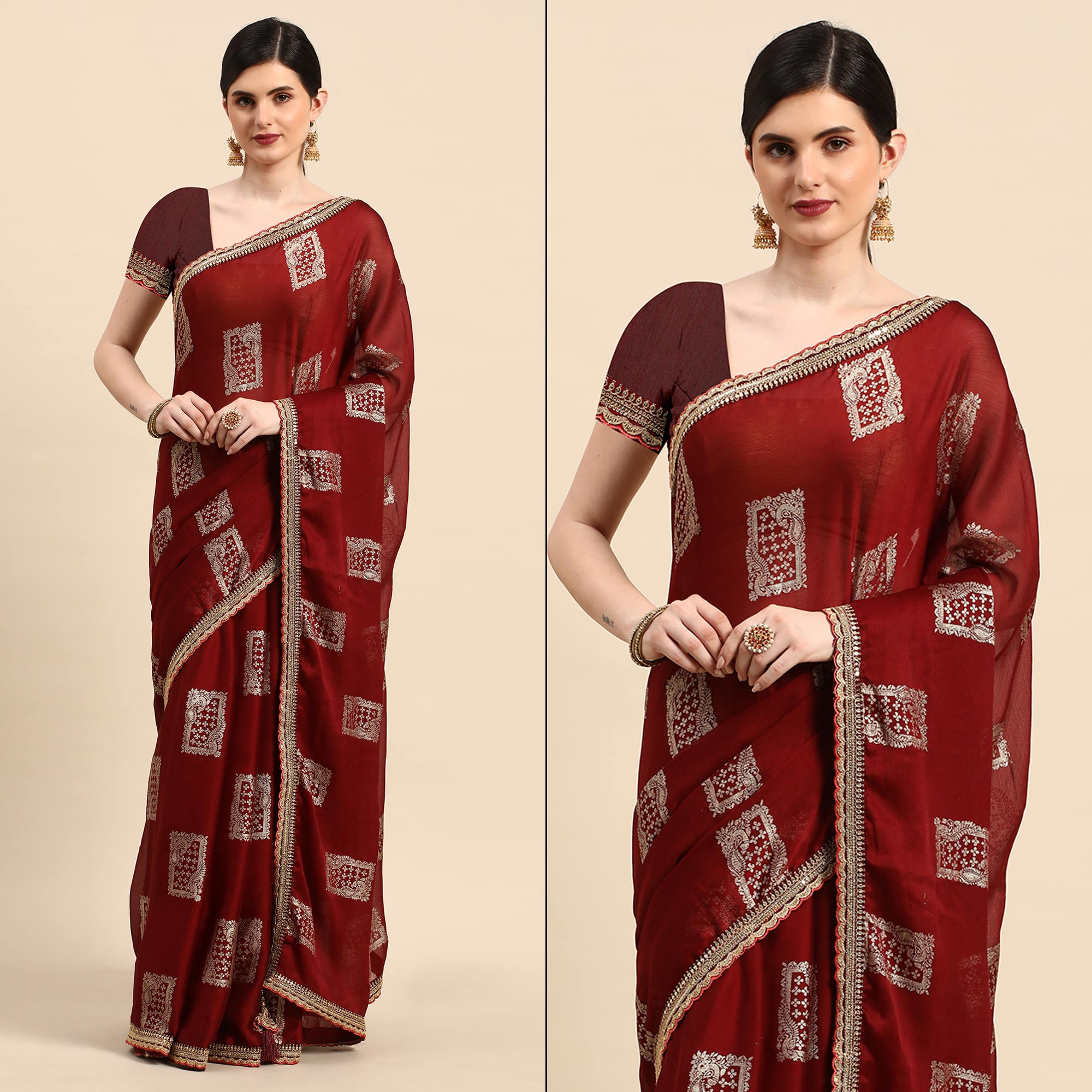 Peachmode Maroon Foil Printed With Embroidered Border Chiffon Saree