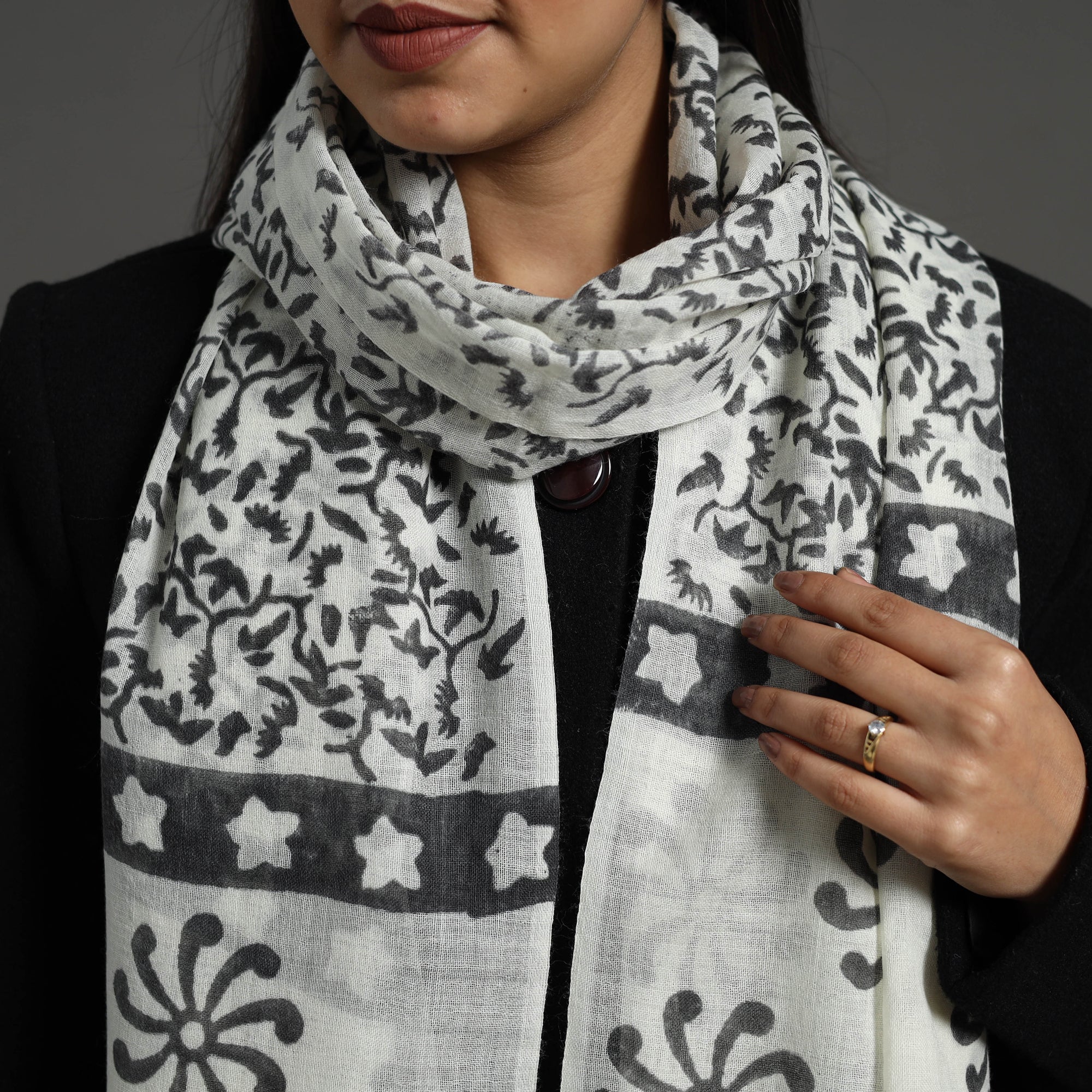 KUSUMLATA Black - Pure Wool Block Print Sanganeri Stole 48 - view 3