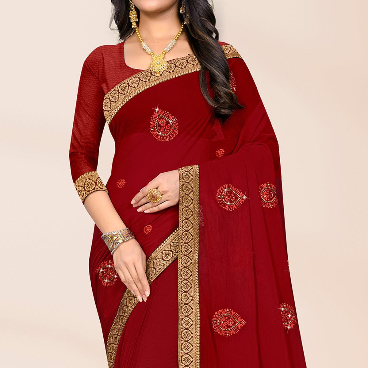 Peachmode Maroon Embroidered Chiffon Saree – Women's - view 2