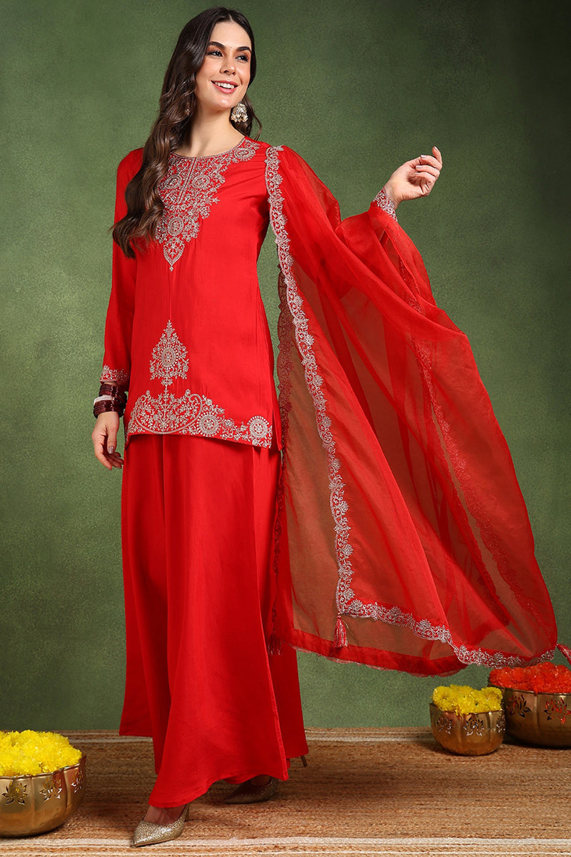 Ahika Red Silk Blend Embroidered Straight Palazzo Suit Set PKSKD2748