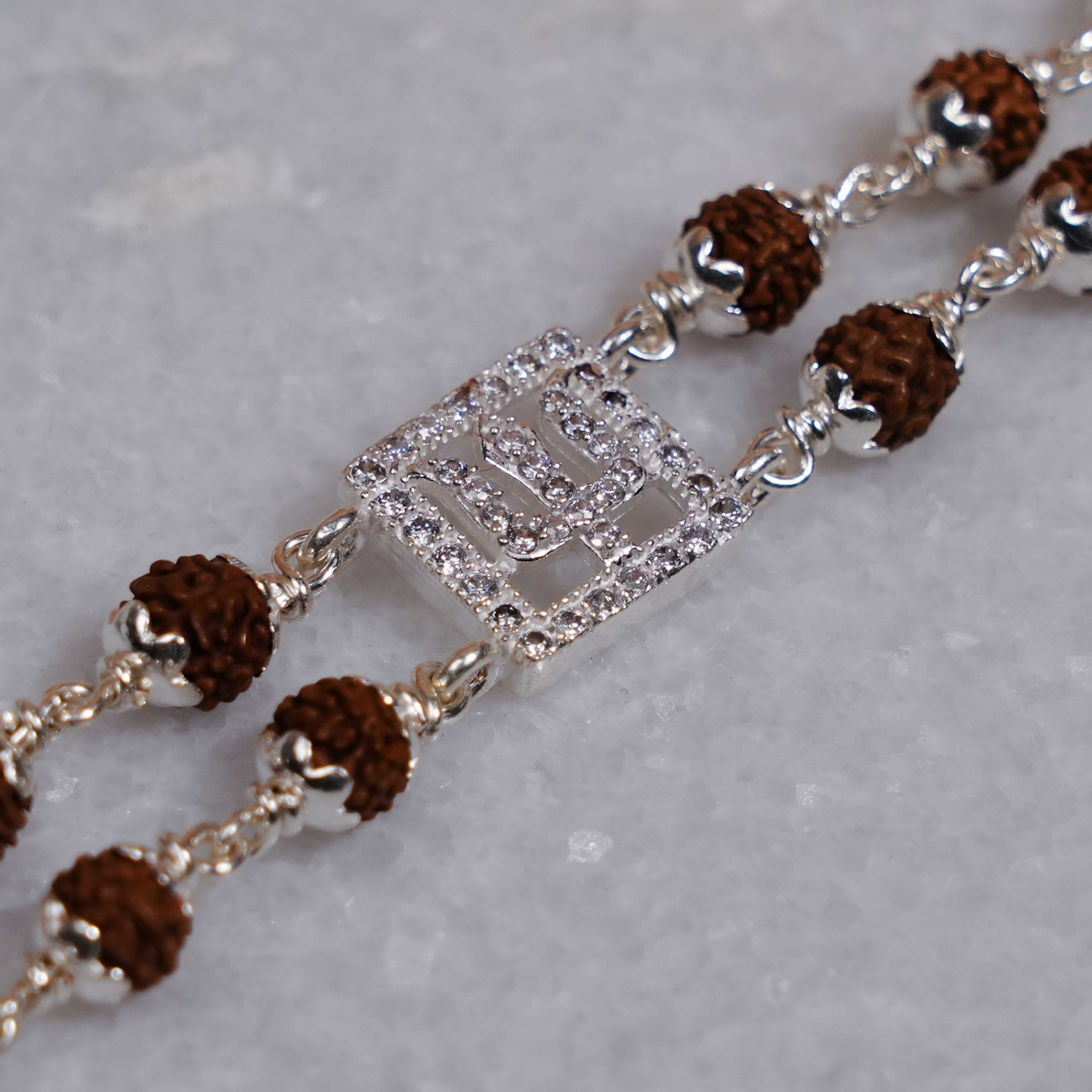 Prinjal Jewellers Rudraksha Silver Trishul Symbol in Square double line Bracelet