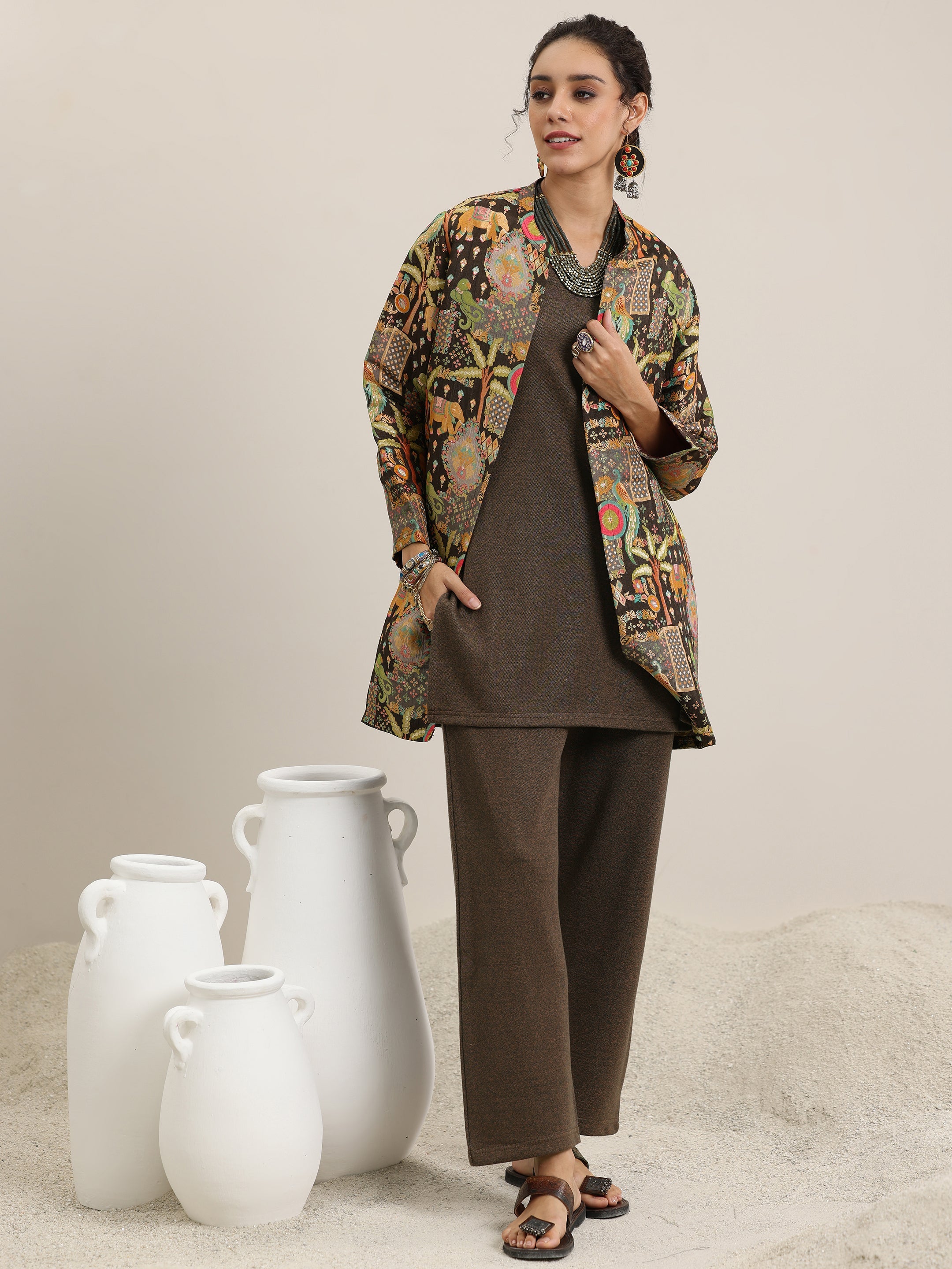 Libas Brown Solid Wool Blend Straight Kurta With Palazzos