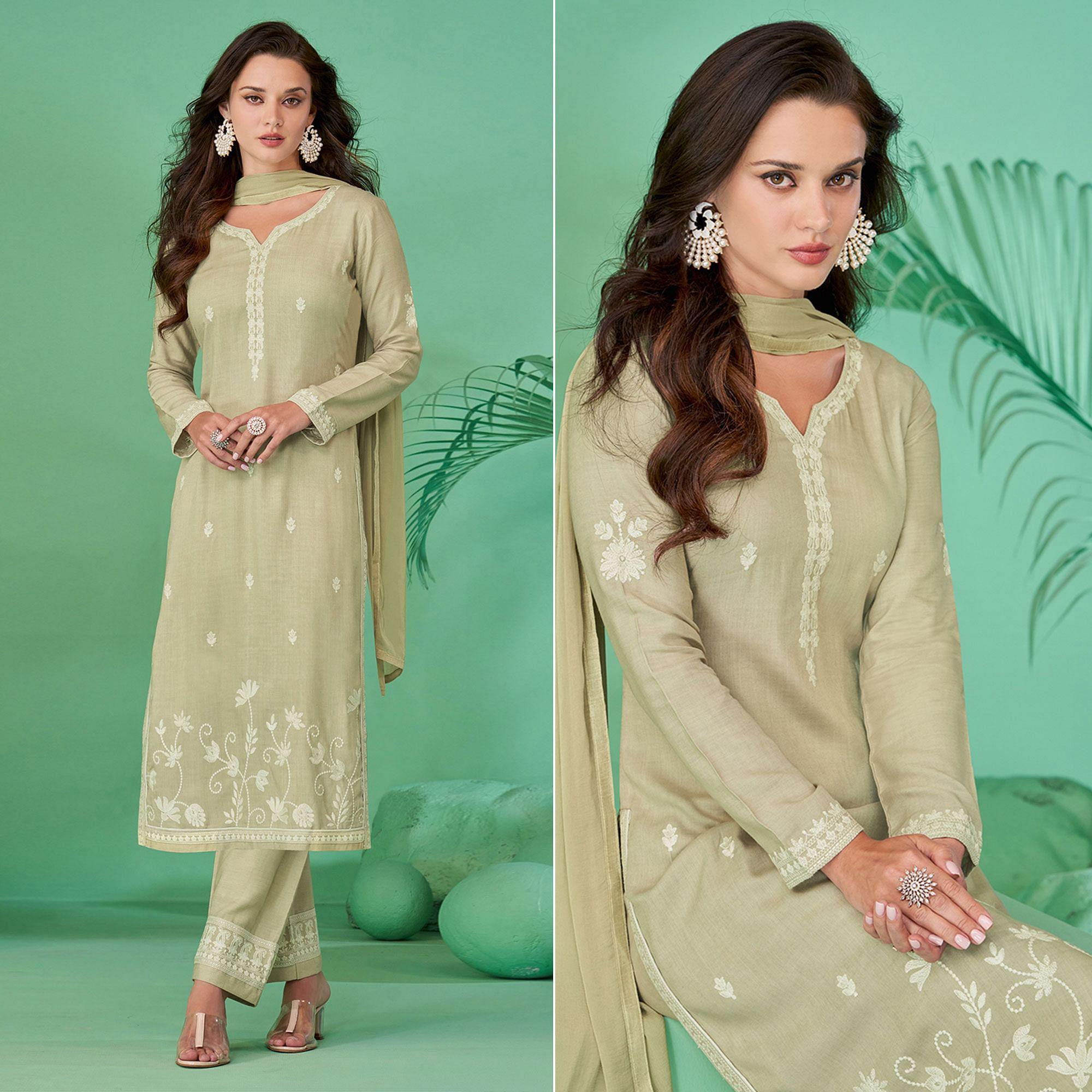 Peachmode Light Pista Green Lucknowi Embroidered Rayon Kurti Pant Set With Dupatta