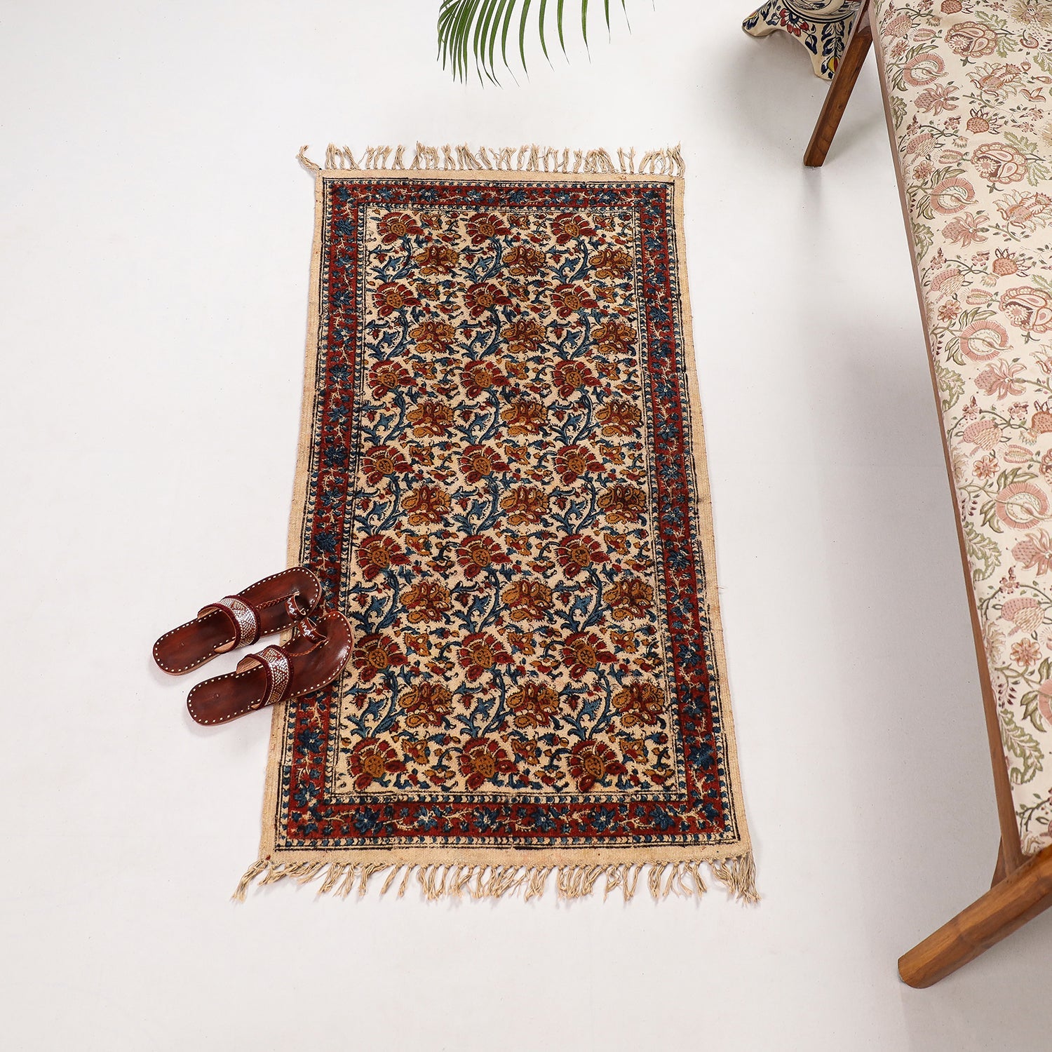 Cotton durrie carpet – SOUTH KARGHA Warangal Weave Kalamkari Block Printed Cotton Durrie / Carpet / Rug (48 x 25 in)