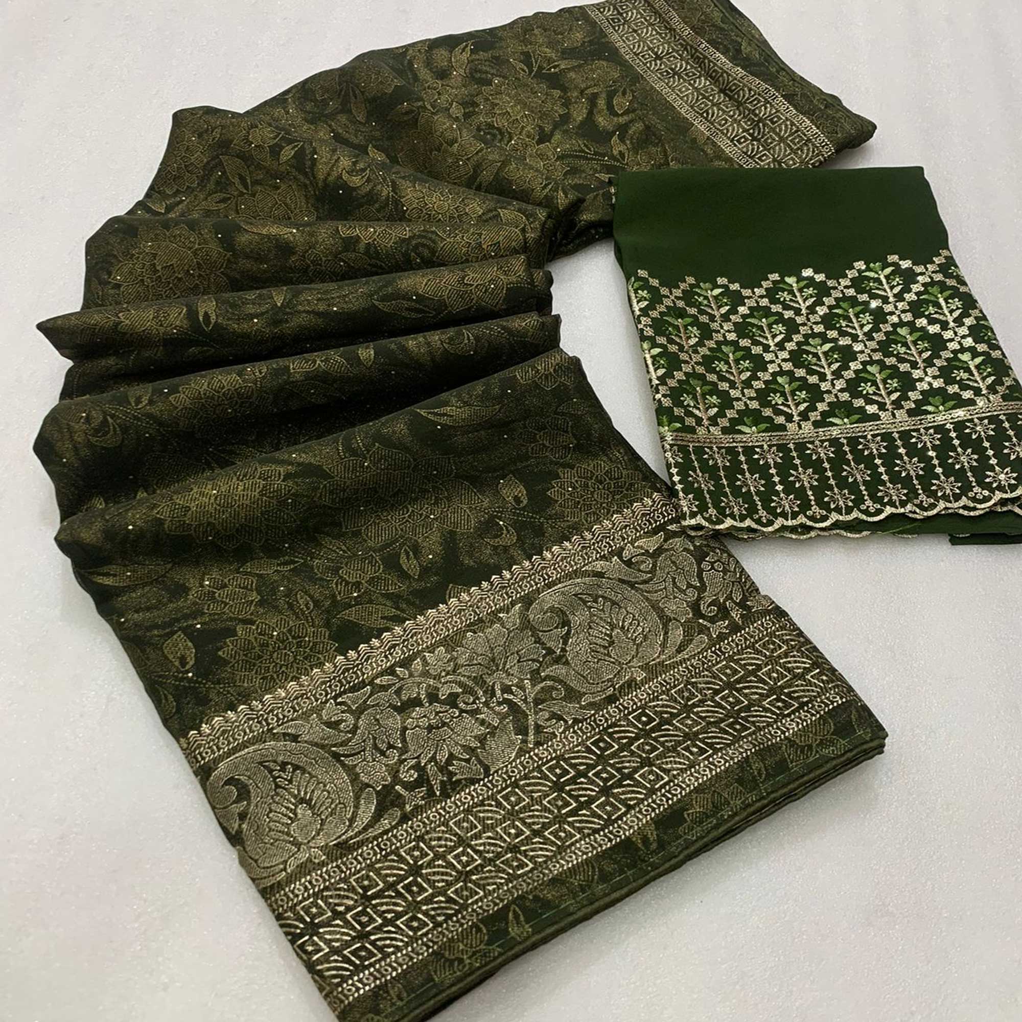Green sarees – BlackTree green-floral-foil-printed-georgette-saree-with-tassels-2
