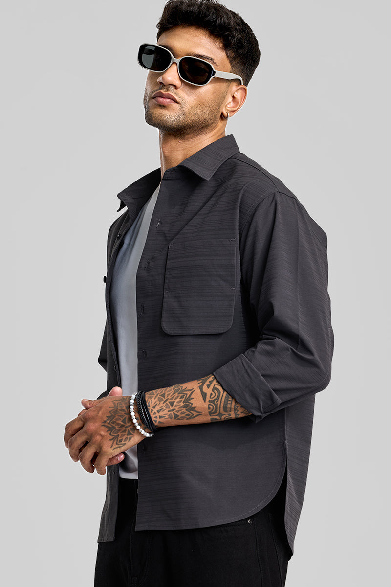SNITCH Charcoal Grey Stripes Relaxed Fit Overshirt