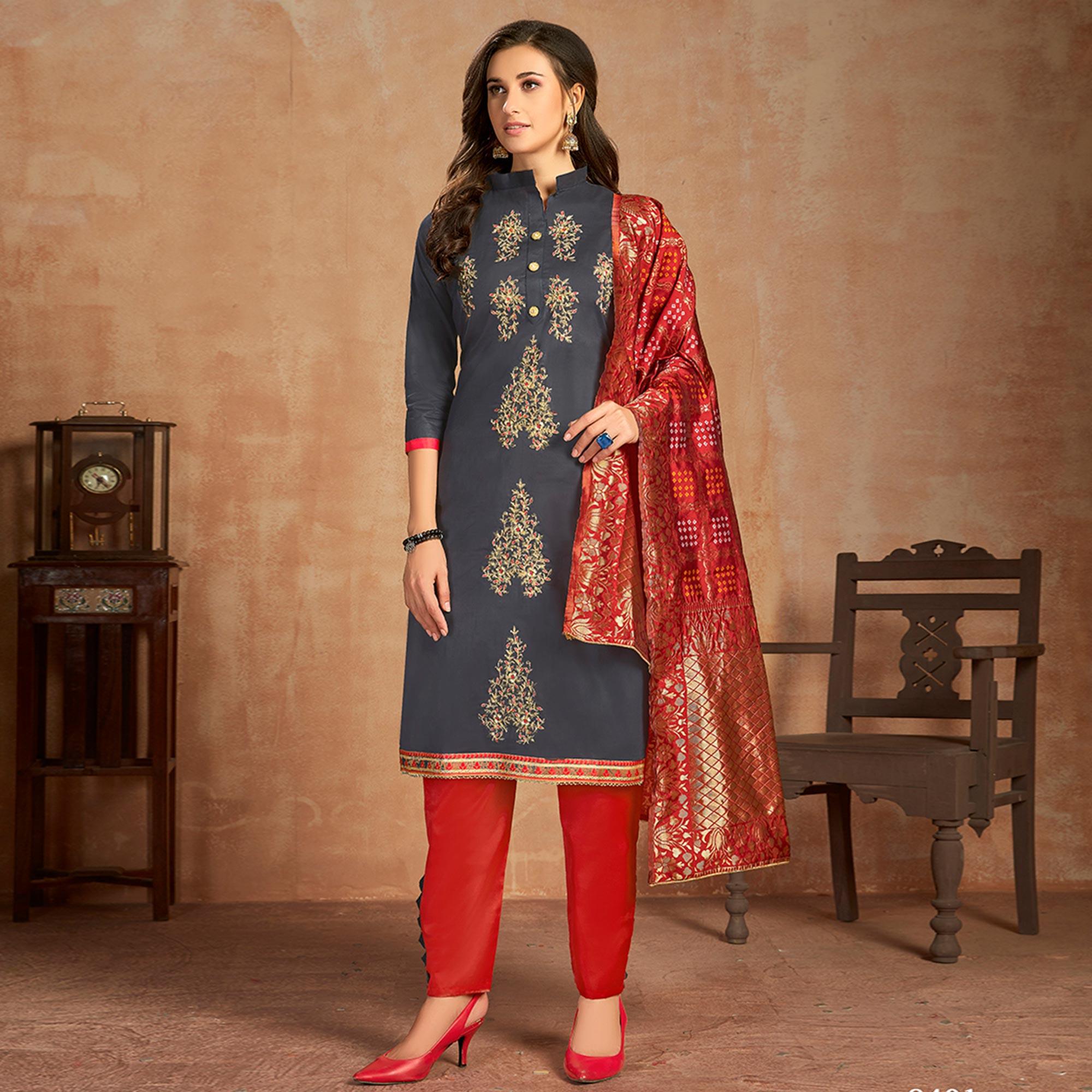 Peachmode Lovely Blue Colored Partywear Embroidered Pure Cotton Dress Material
