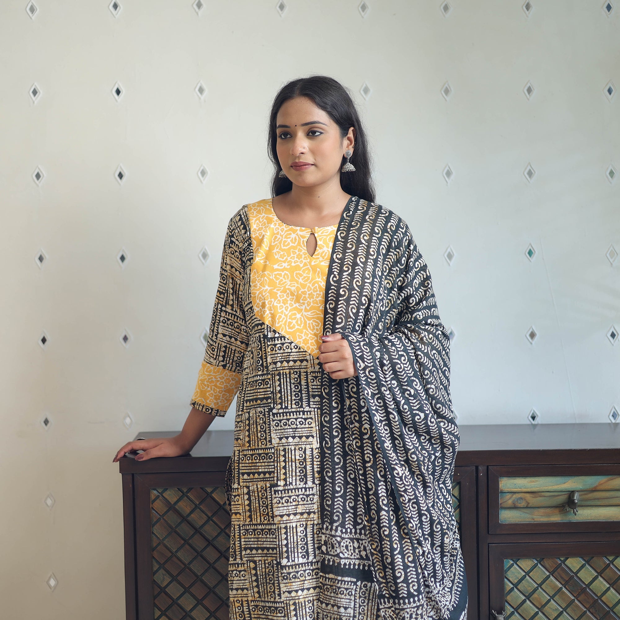 ITOKRI CASUALS Black - Batik Print Cotton Kurta with Palazzo & Dupatta Suit Set 12