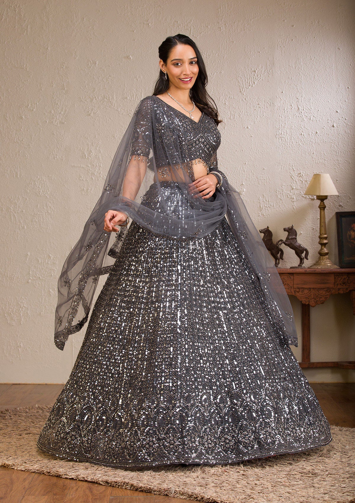 Koskii Dark Grey Sequins Net Readymade Lehenga - view 4