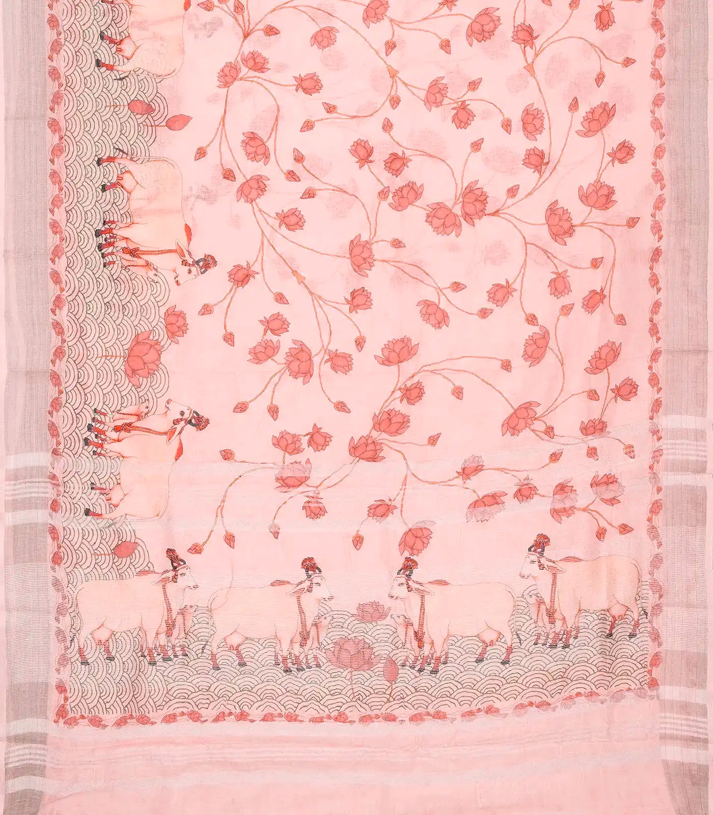 RmKV Bubblegum Pink Handloom Linen Saree With Printed Cow Motifs - view 2