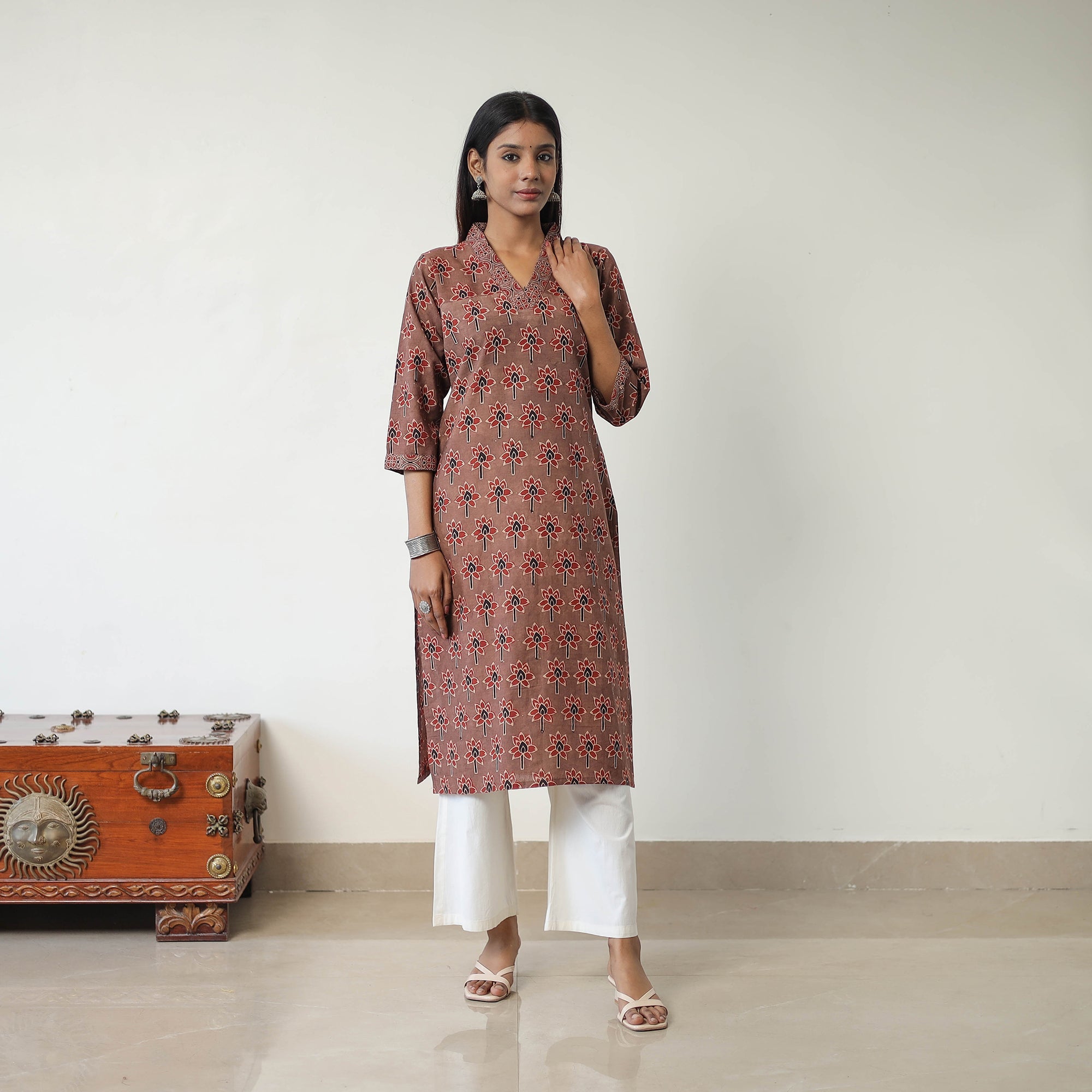 ITOKRI CASUALS Brown - Block Printed Cotton Straight Ajrakh Kurta 16 - view 5
