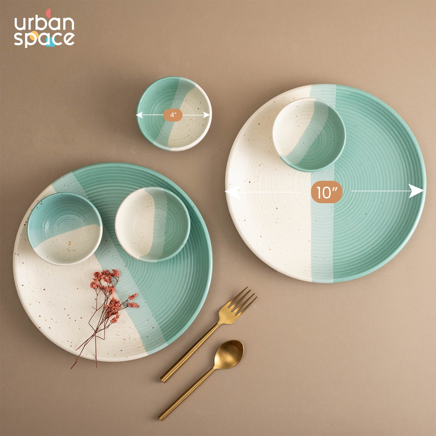 Urban Space Home Furnishing Handmade Ceramic Dinner Set for 2, set of 2 Dinner plates and 4 katoris, Set of 6, Ocean Green Pearl - view 2