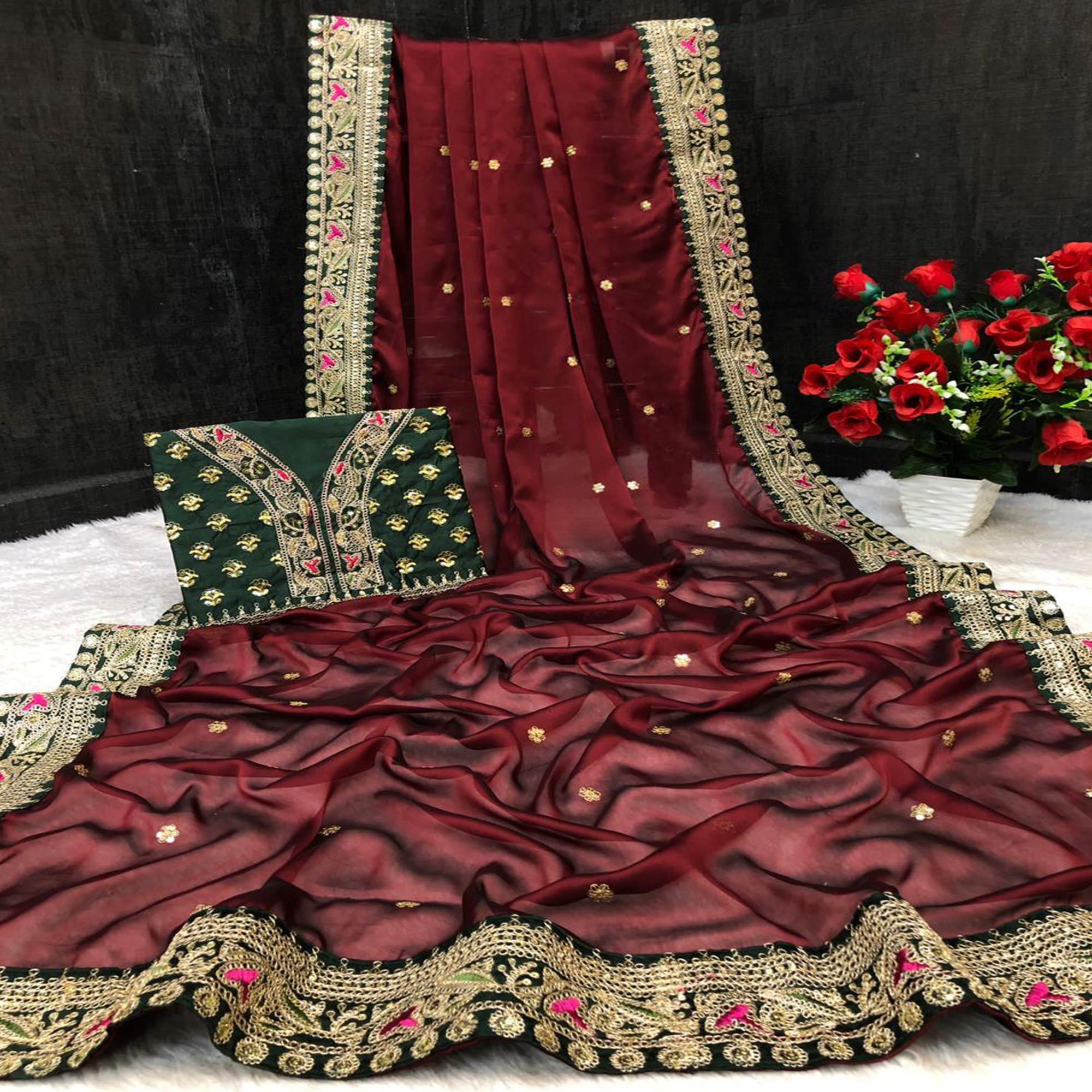 Peachmode Maroon Partywear Sequins Work And Thread Work Two Tone Silk Saree