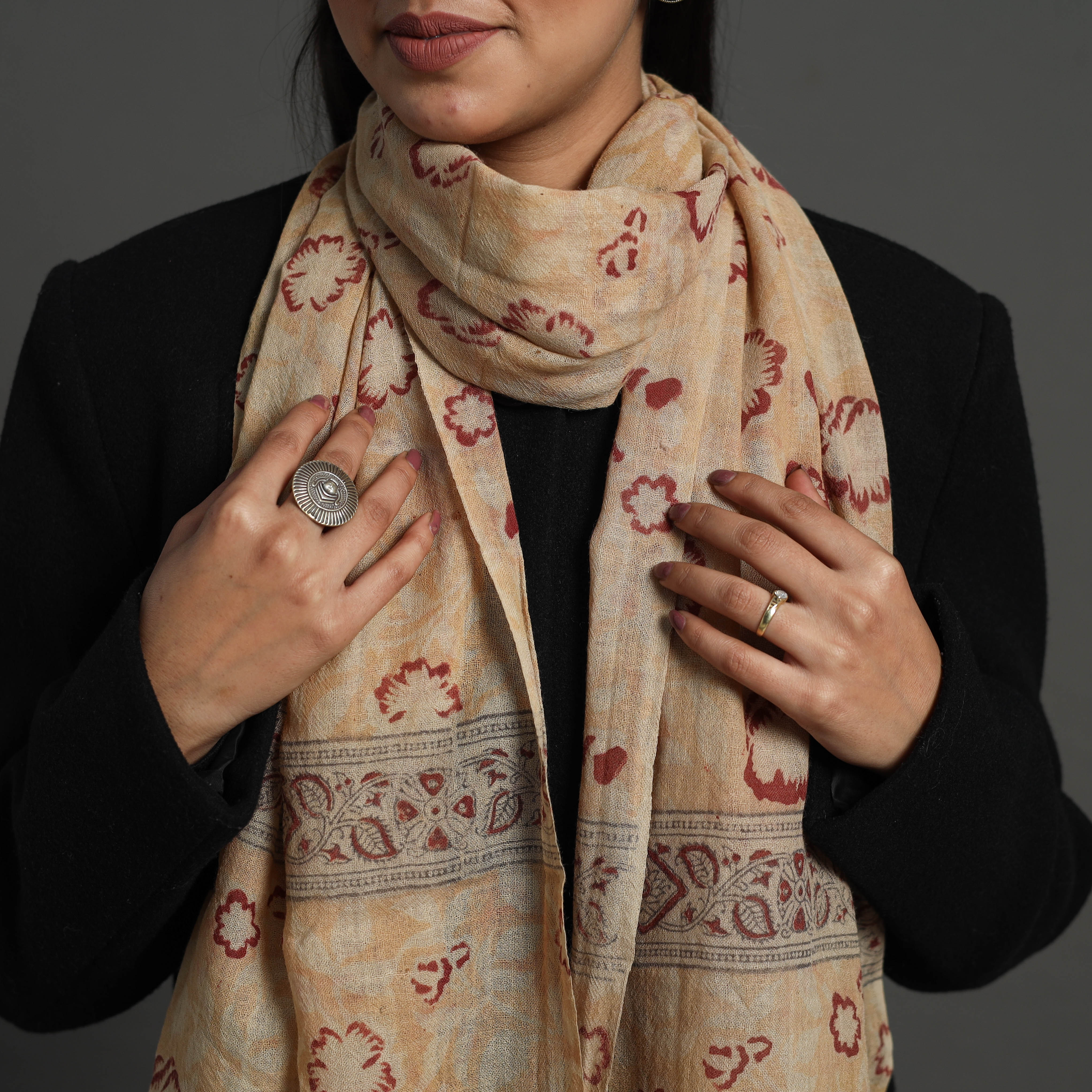 PITCHUKA SRINIVAS KALAMKARI PEDANA Beige - Block Print Pedana Kalamkari Wool Stole 24 - view 3