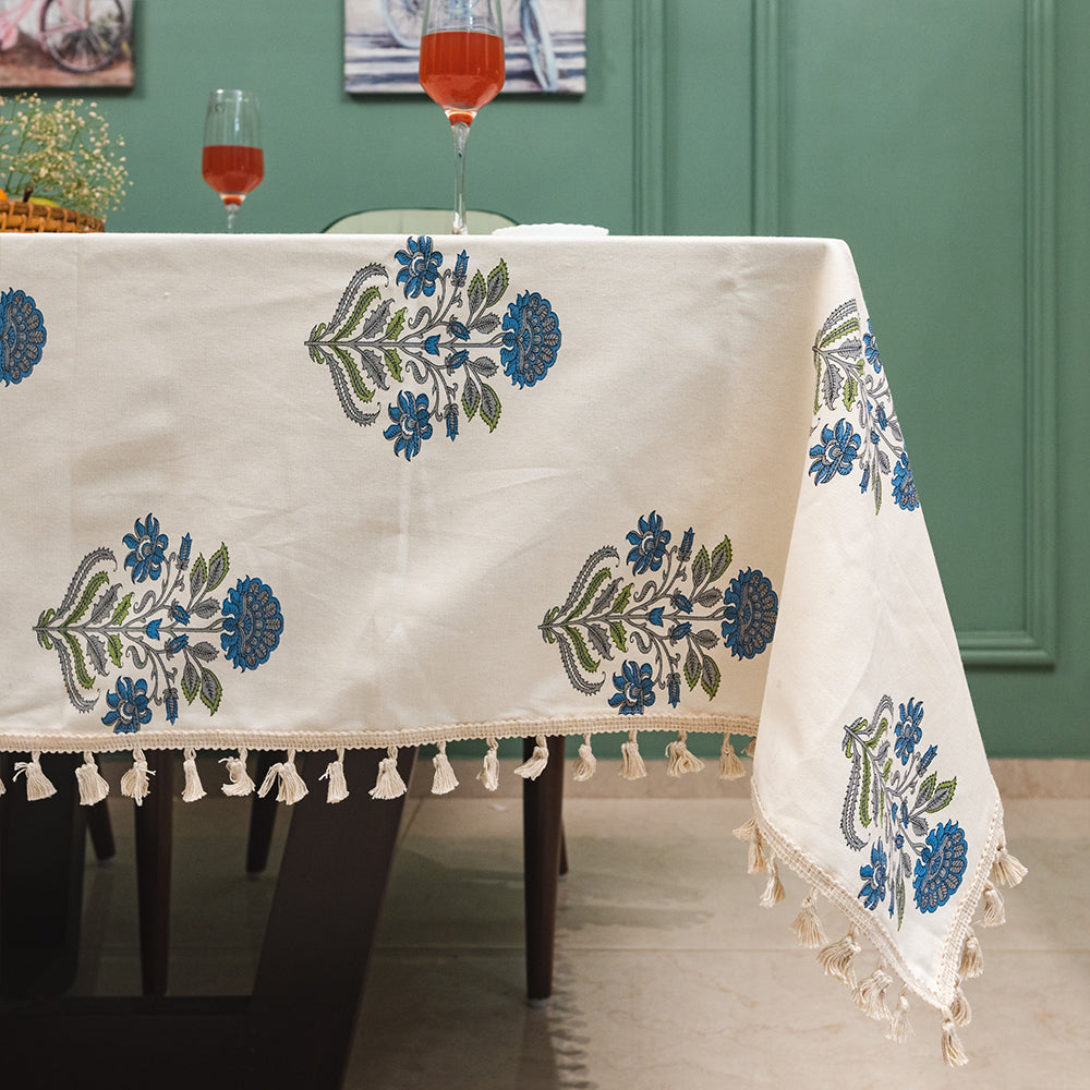 100 cotton dining – Urban Space Home Furnishing 100% Cotton Dining Table Cover, Printed Cotton Table Cloth with Boho Tassels - Liberty Blue