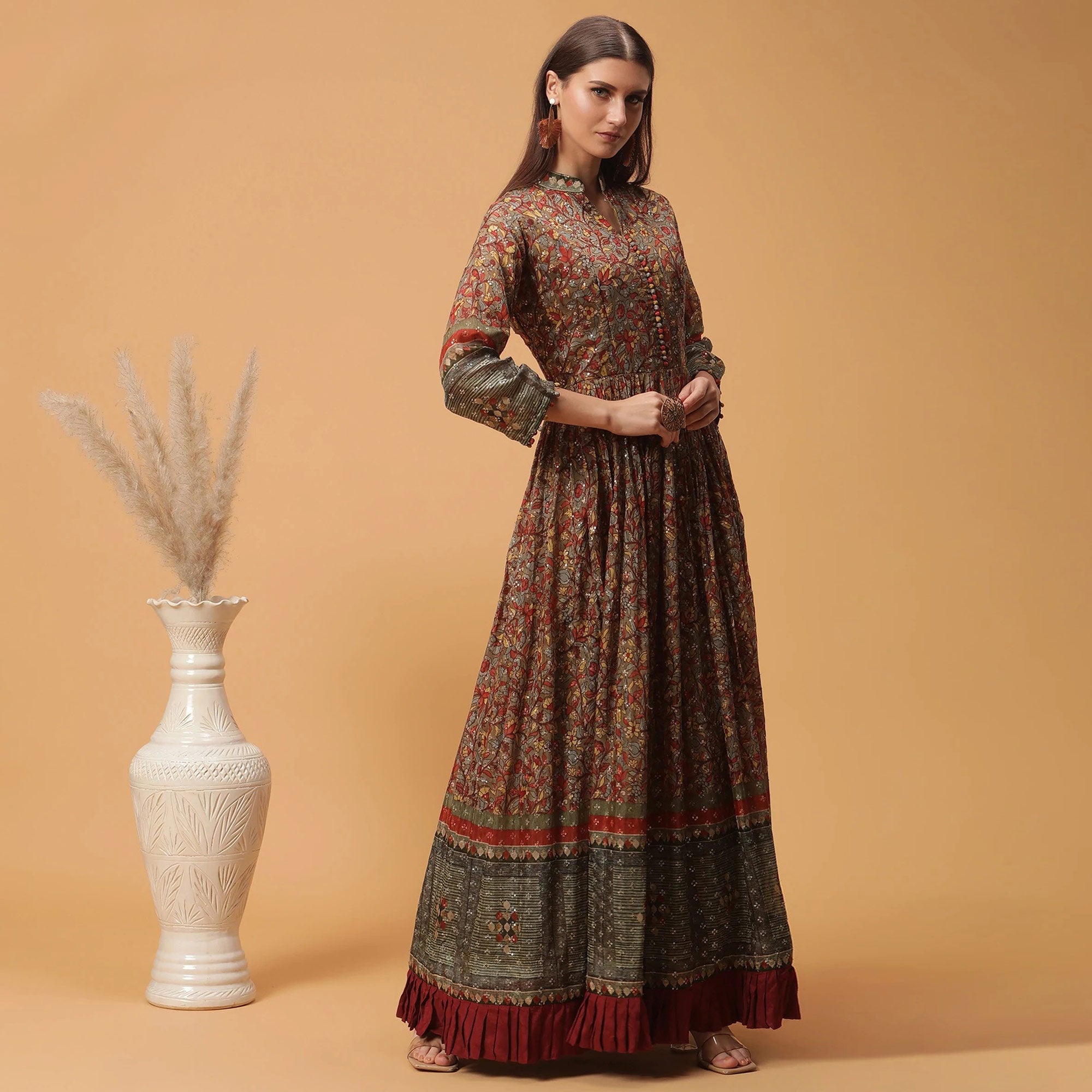 Peachmode Seller Maroon Digital Printed Dola Silk Gown - view 2