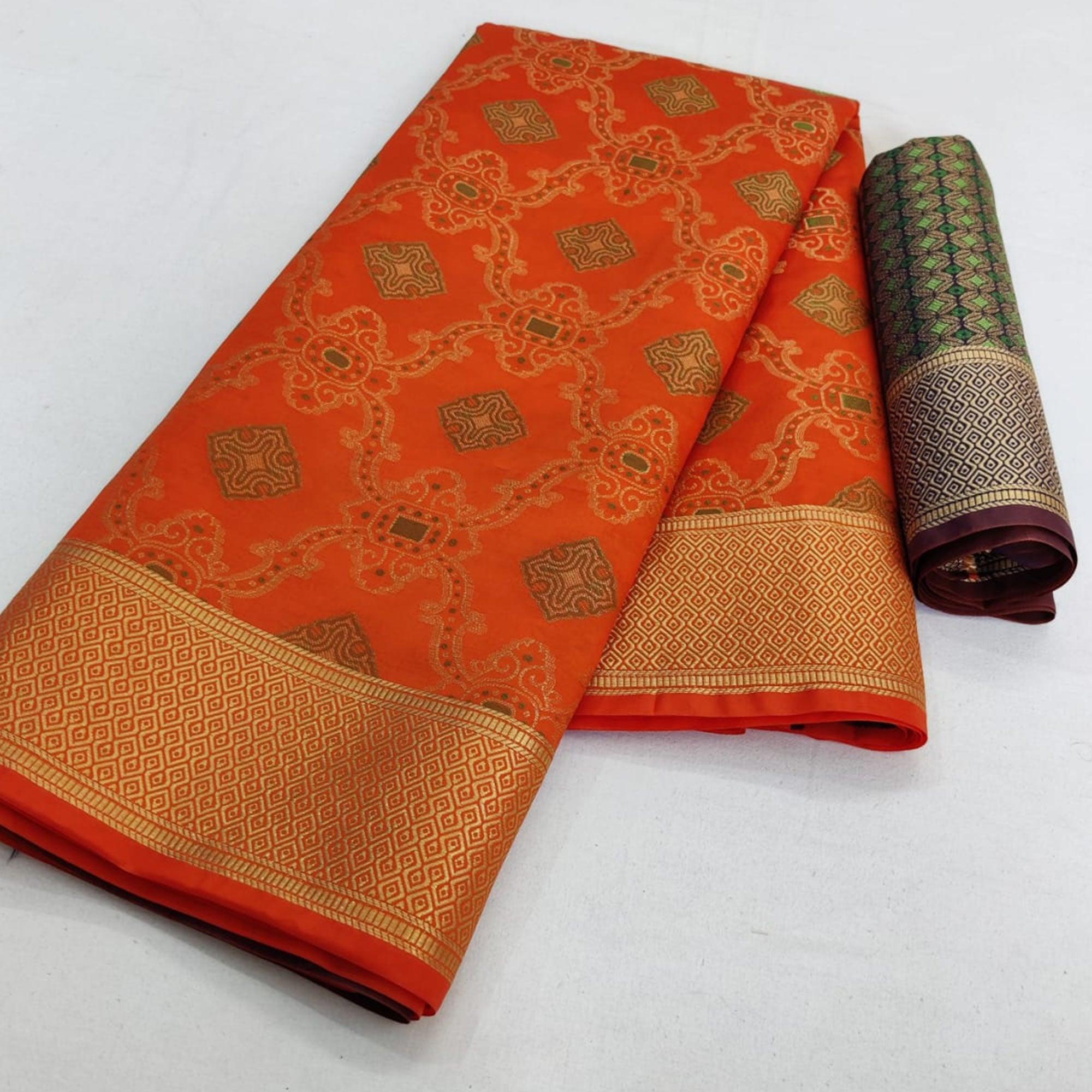 Peachmode Breathtaking Orange Colored Festive Wear Woven Silk Saree - view 3