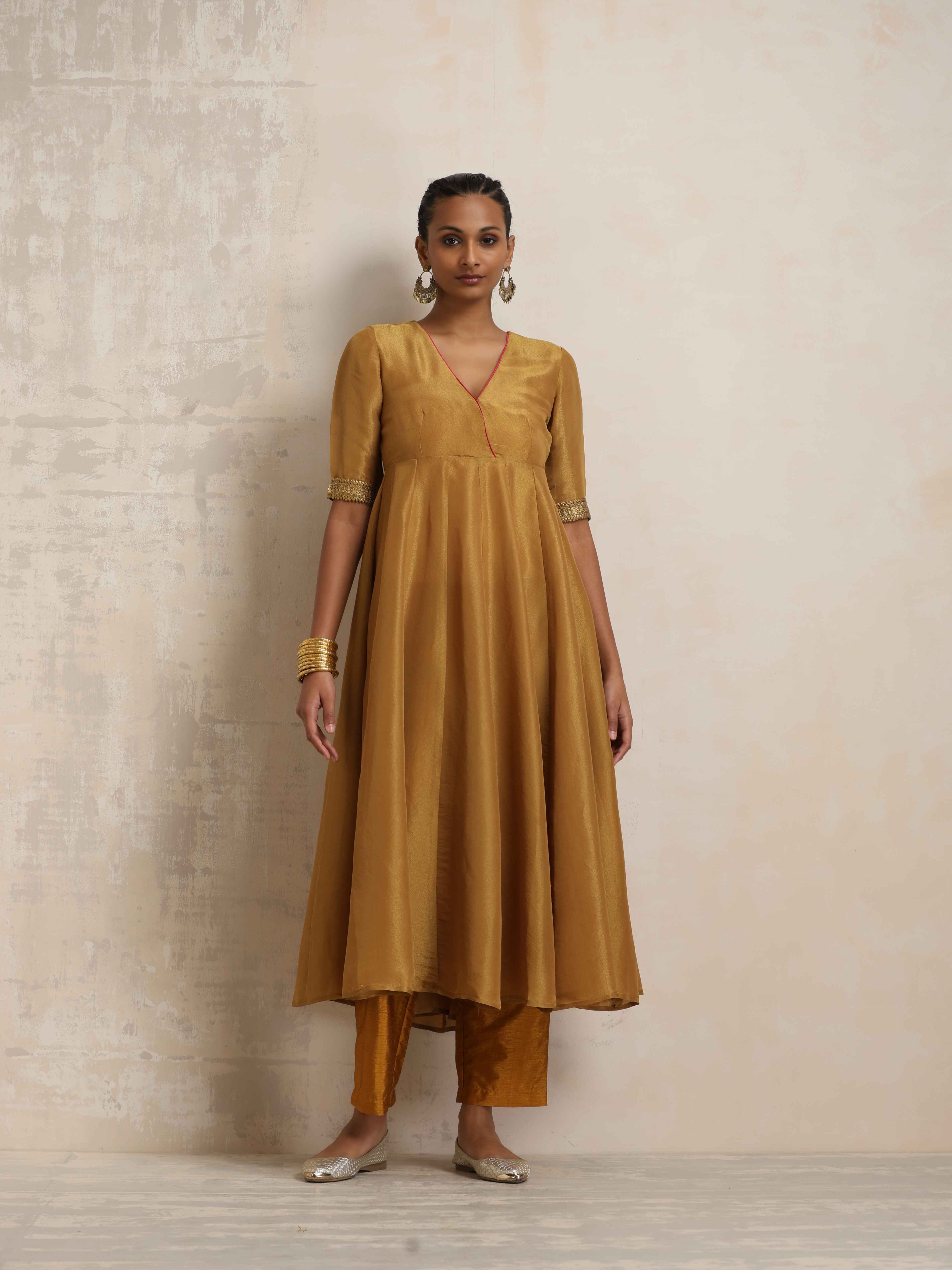 trueBrowns Gold Tissue Flared Anarkali Kurta Set - view 2