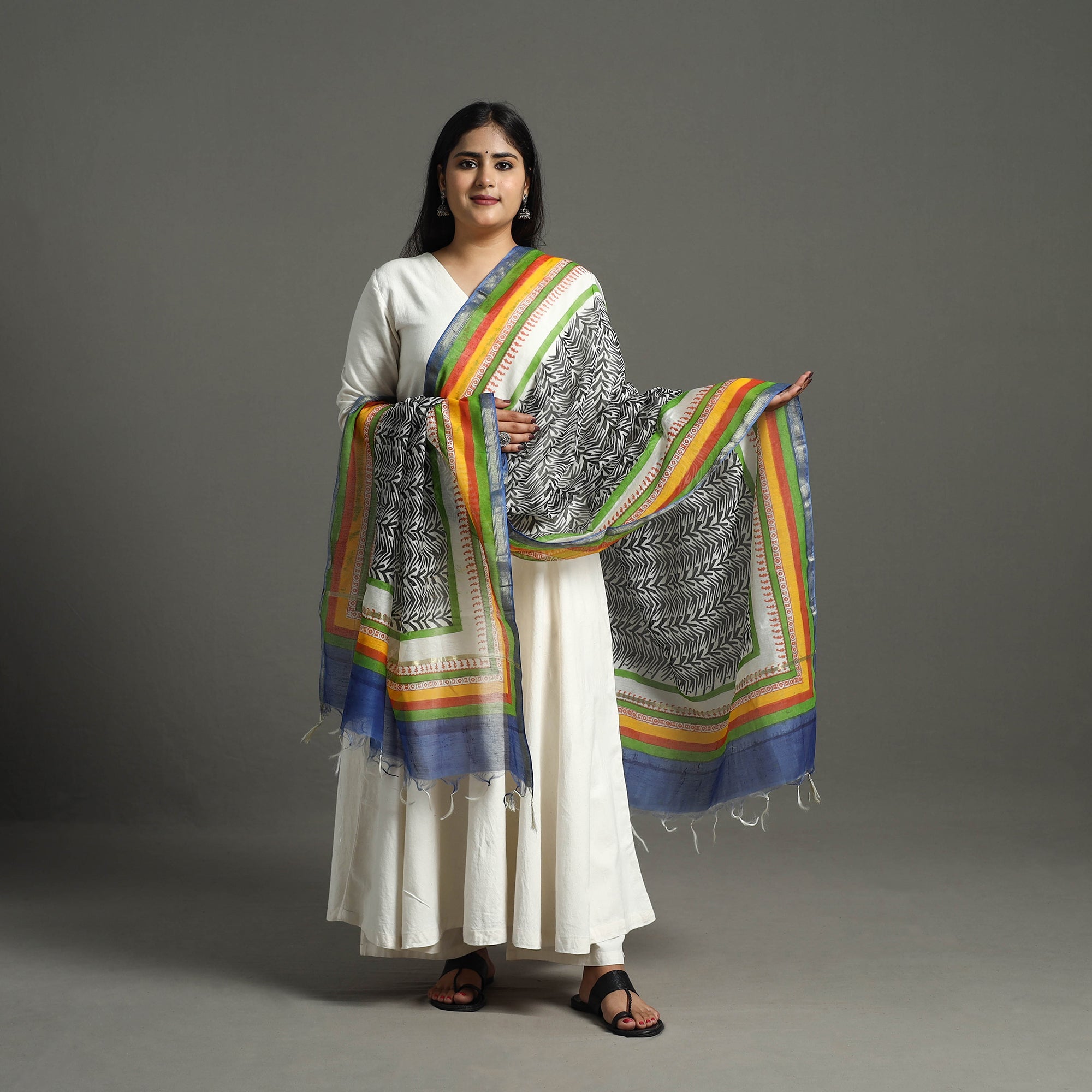 BAGRU DABU PRINTS Black - Block Printed Chanderi Silk Bagru Dupatta 95