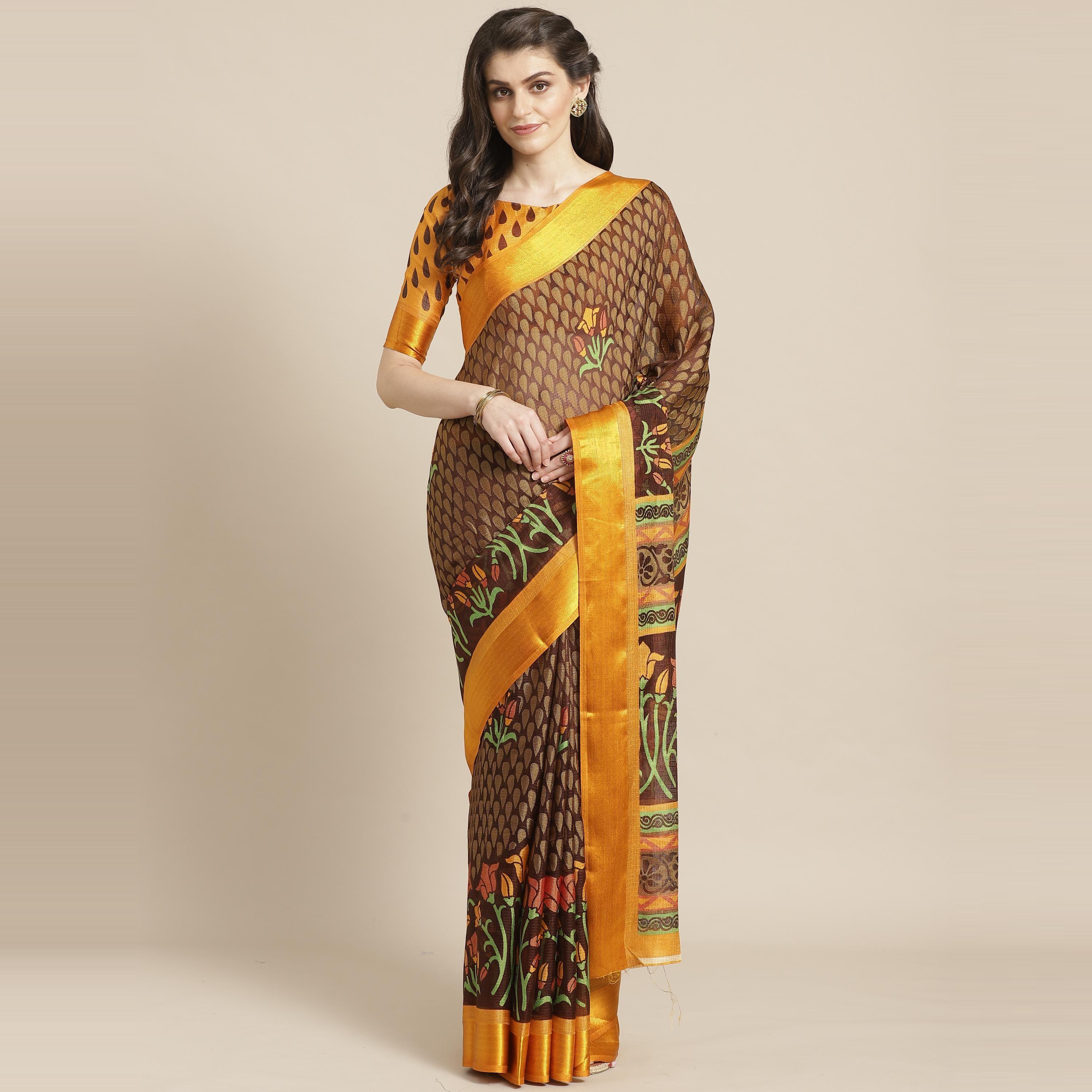 Peachmode Brown Casual Brasso Printed Saree With Unstitched Blouse