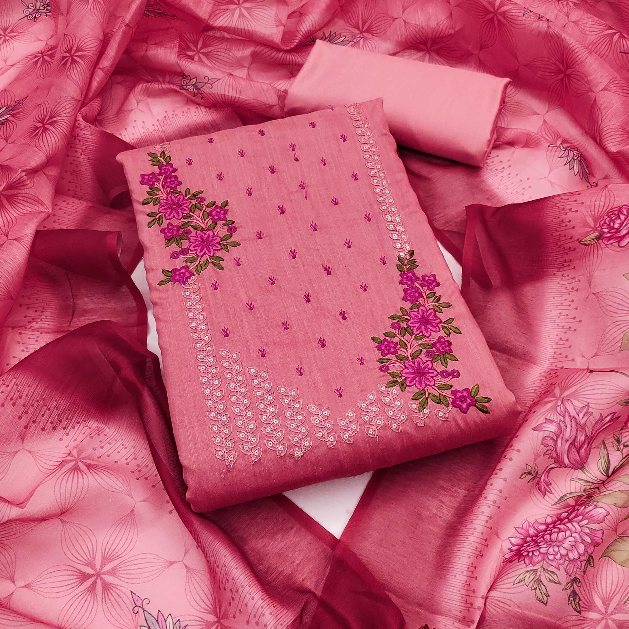 Peachmode Dark Peach Floral Embroidered Cotton Blend Dress Material