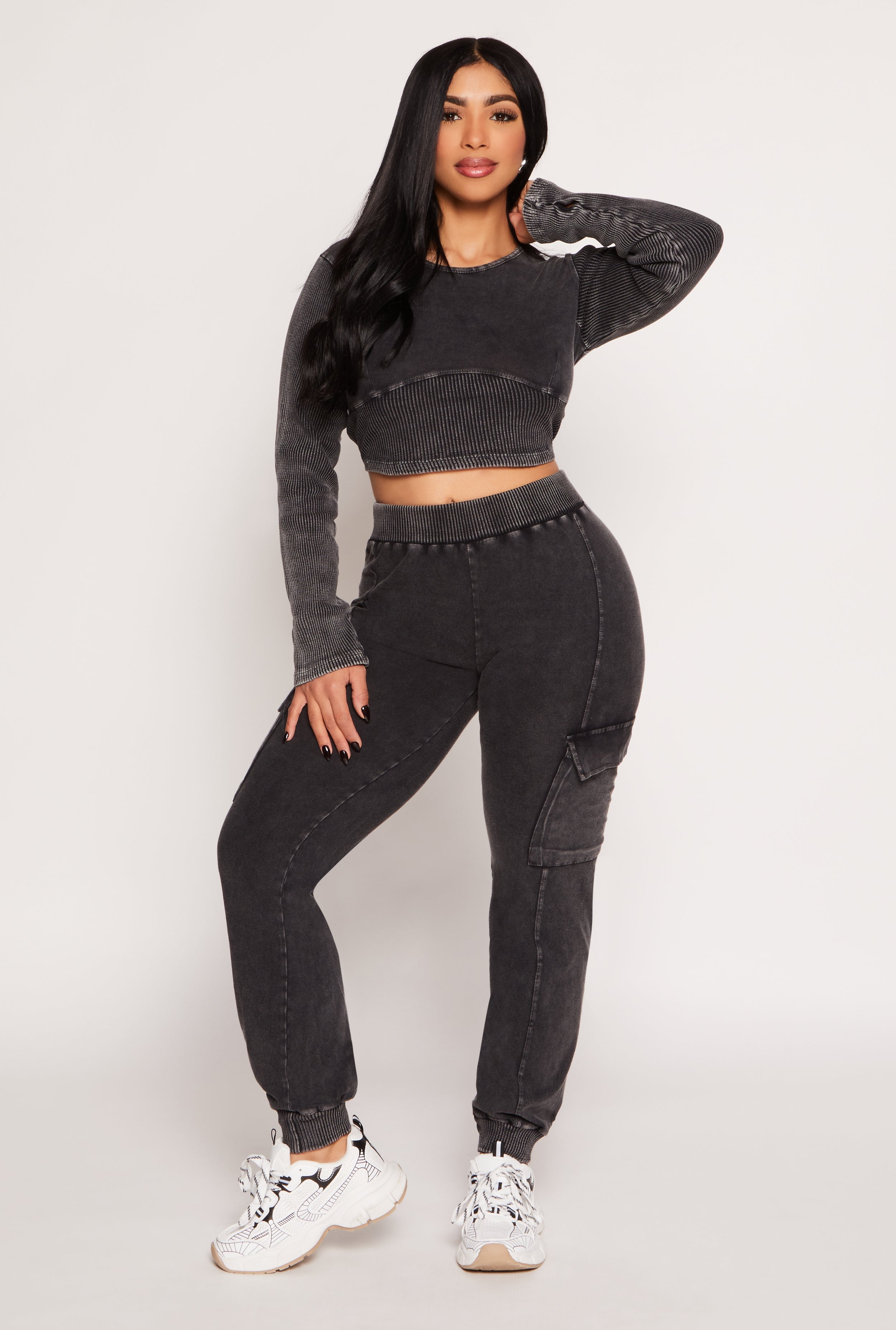 Rainbow Shops Acid Wash Pintuck Cargo Joggers