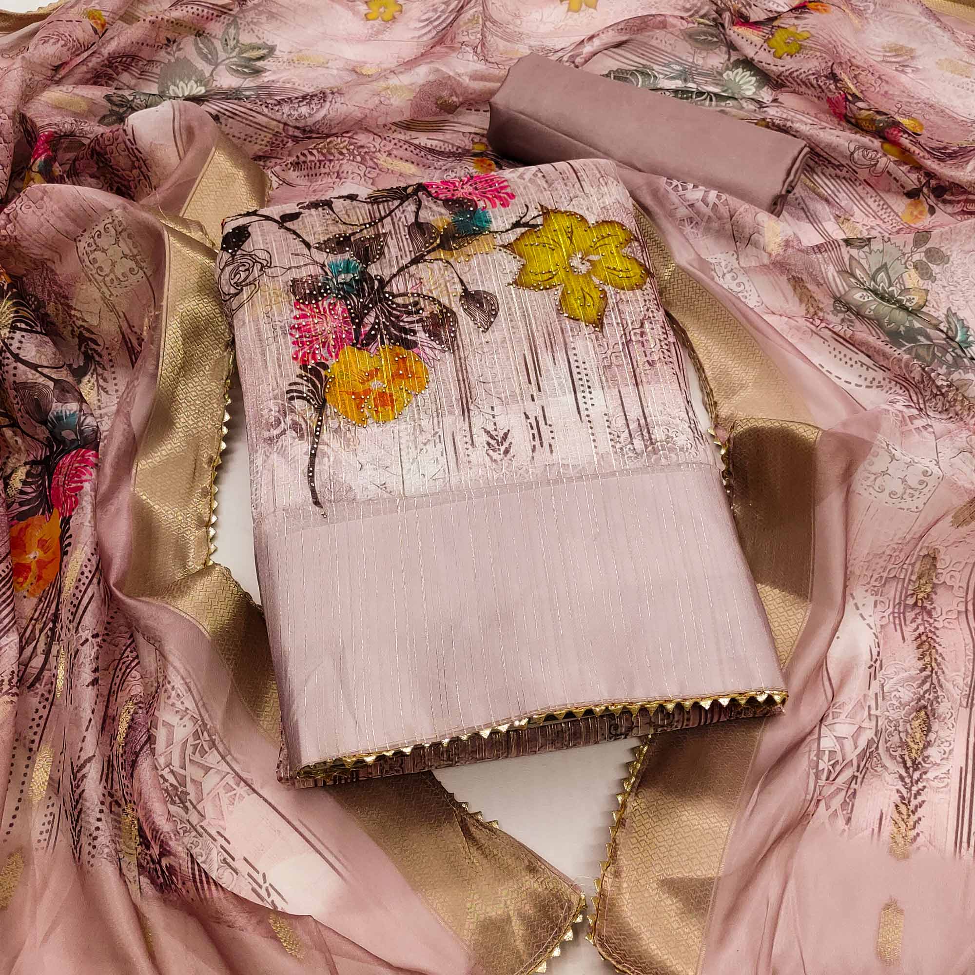 Peachmode Mauve Floral Printed With Swarovski Work Organza Dress Material