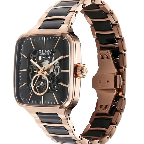 Titan Ceramic Fusion Automatic Square Black Dial Silver Dual-Toned Stainless Steel Bracelet Watch for Men 39mm NT90175KD03 - view 2