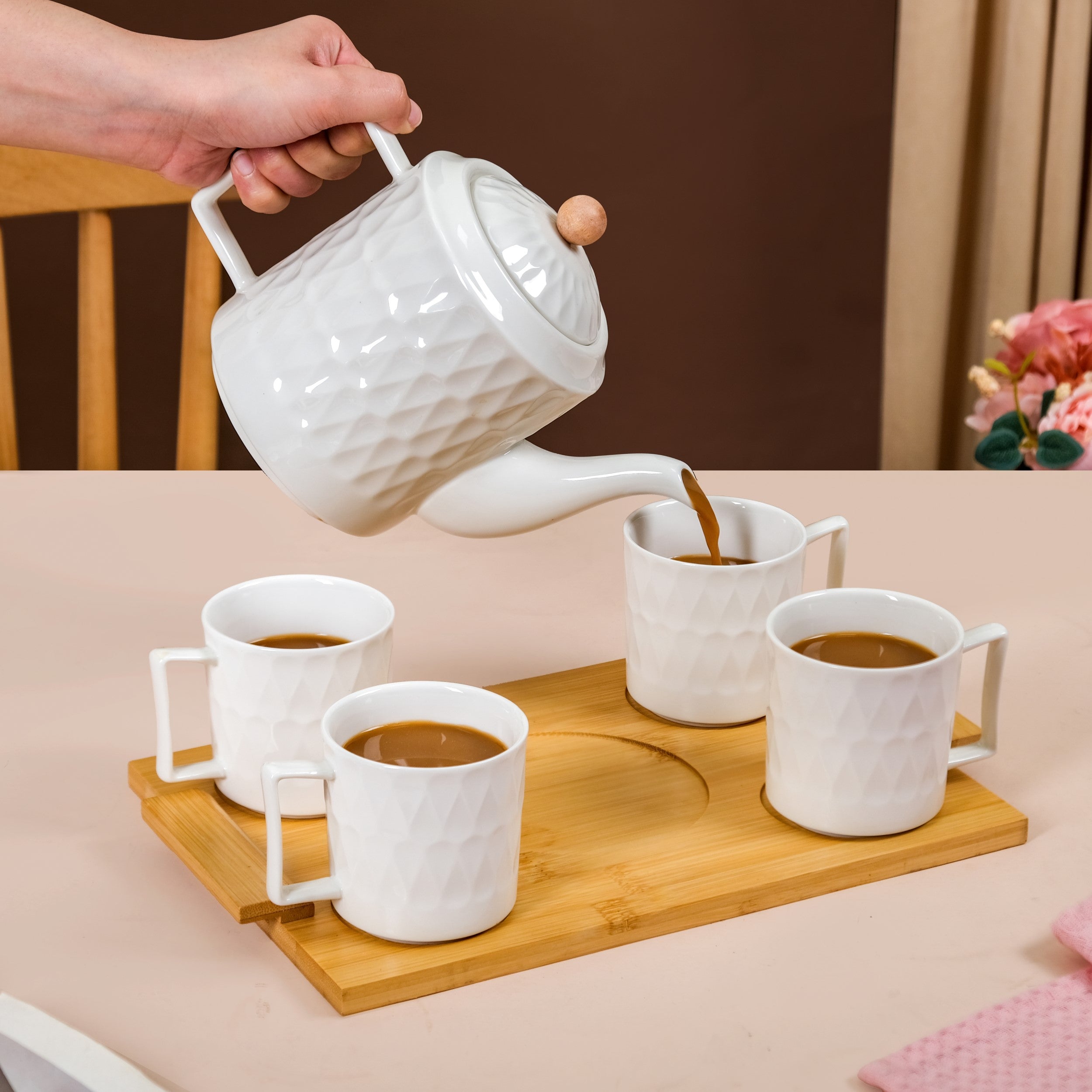Nestasia Set Of 4 Chic Teacups With Tea Kettle And Serving Tray