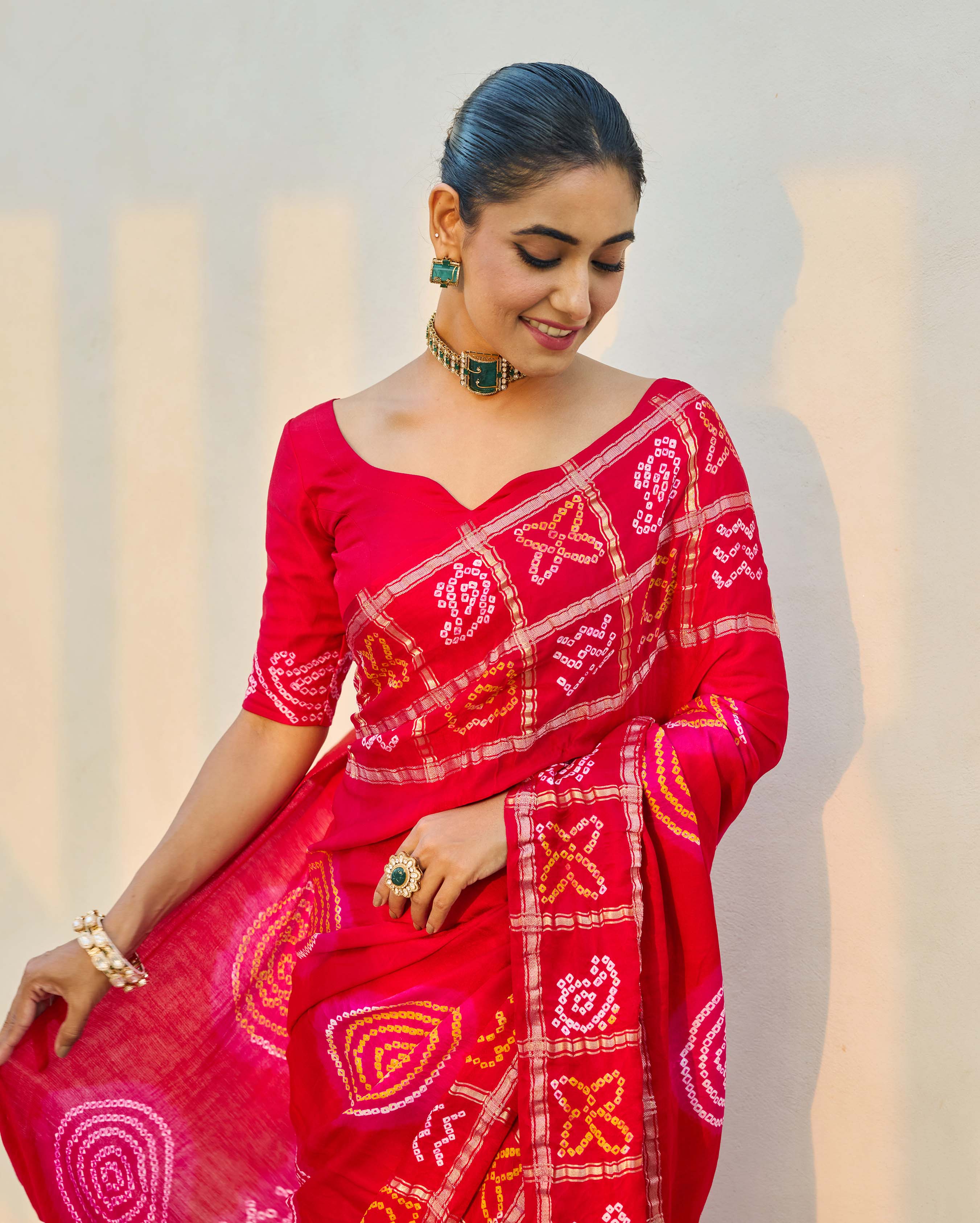 Aachho Moonlit Harmony Red Silk Bandhani Saree - view 6