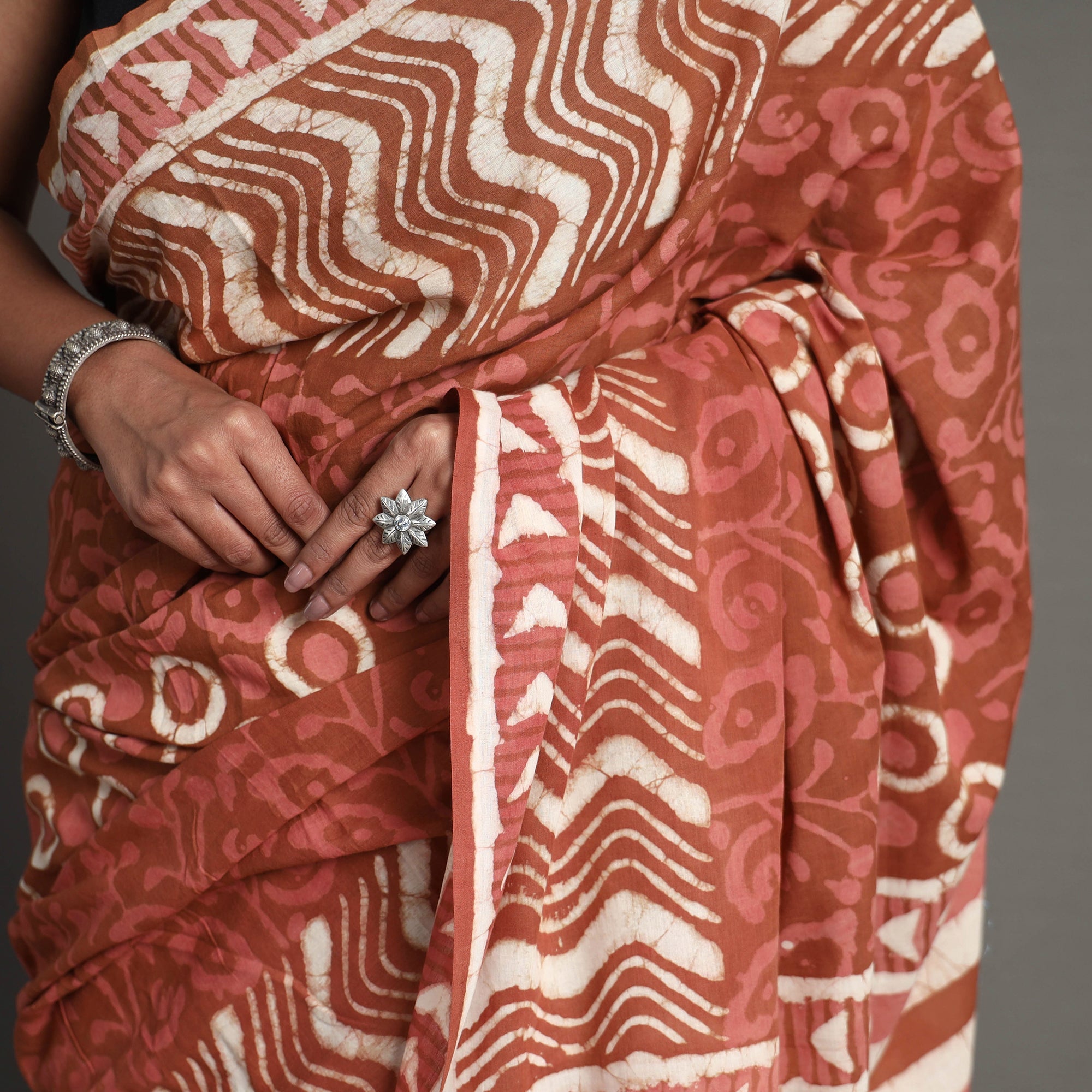 ARTISAN HAND BLOCK PRINTS Brown - Bagru Dabu Block Printed Mul Cotton Saree - view 6